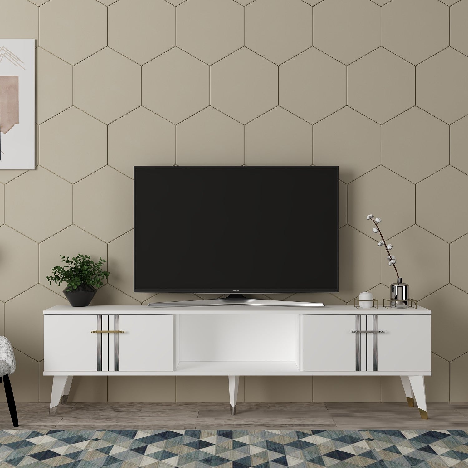 Móvel de TV – 150cm x 44.6cm x 29.6cm – Branco e Prata – MDF