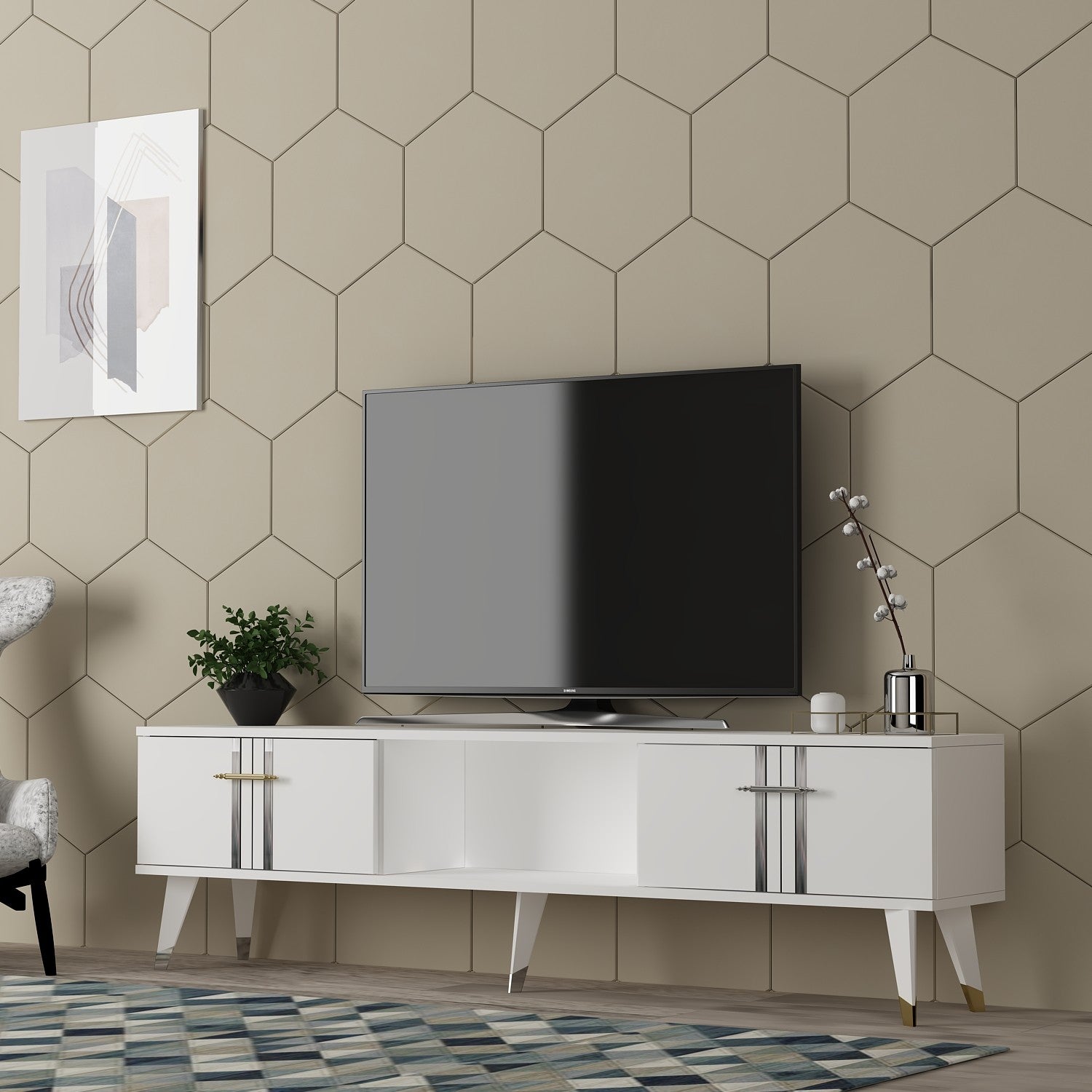 Móvel de TV – 150cm x 44.6cm x 29.6cm – Branco e Prata – MDF