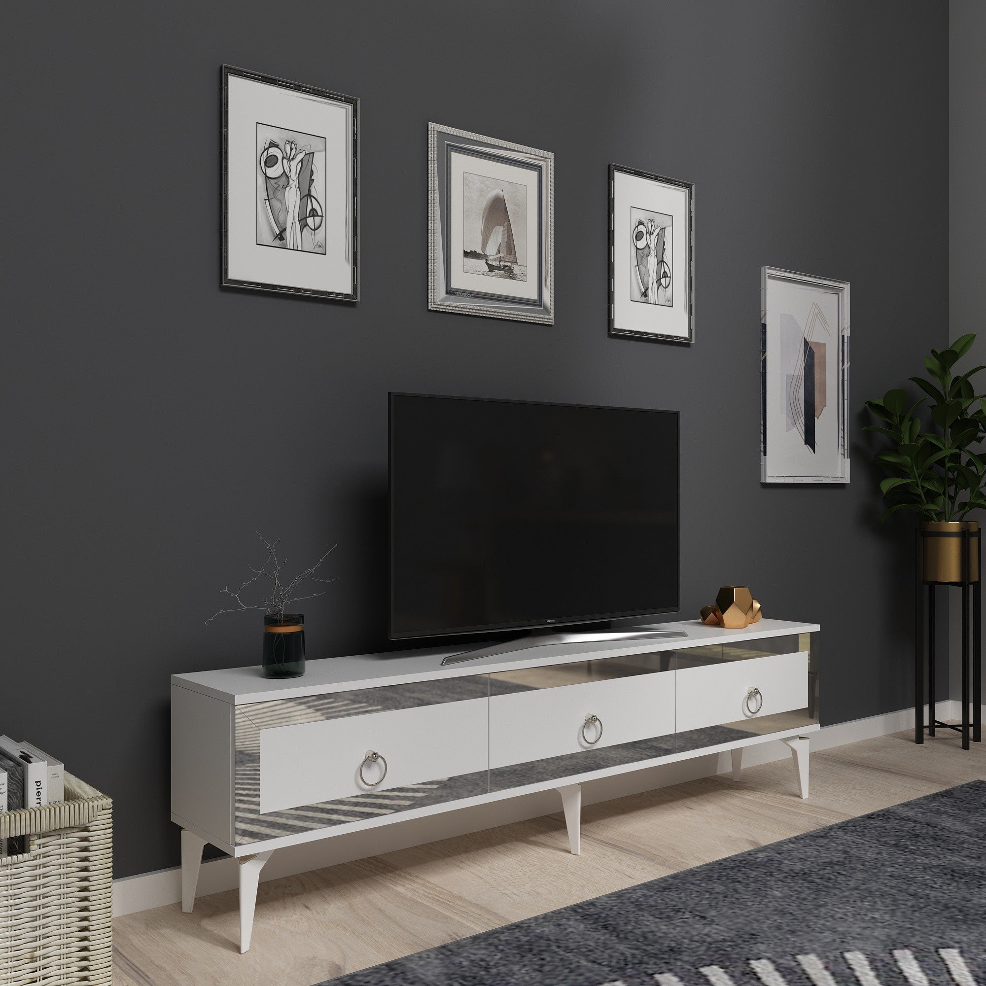 Móvel de TV – 180 cm x 29,6 cm x 44,6 cm – Branco e Prata – Painel de partículas revestido a melamina