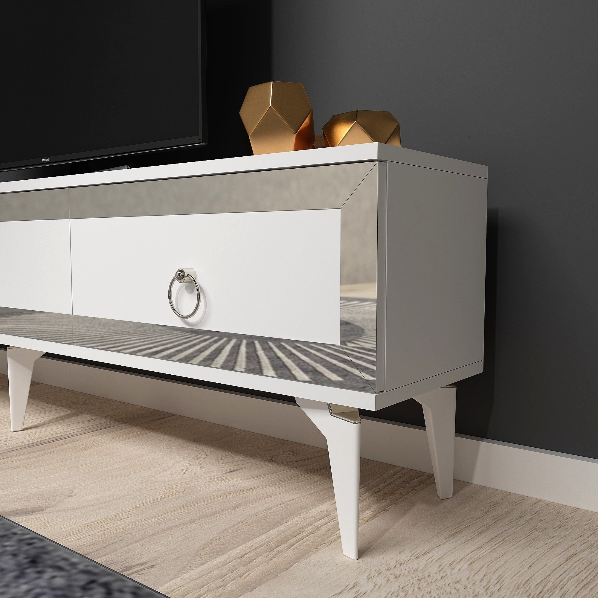 Móvel de TV – 180 cm x 29,6 cm x 44,6 cm – Branco e Prata – Painel de partículas revestido a melamina