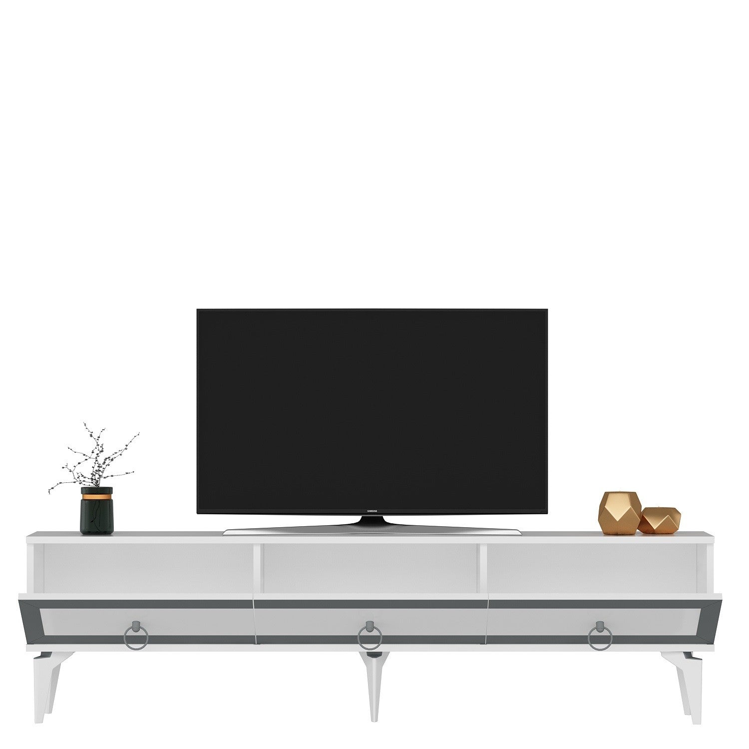 Móvel de TV – 180 cm x 29,6 cm x 44,6 cm – Branco e Prata – Painel de partículas revestido a melamina