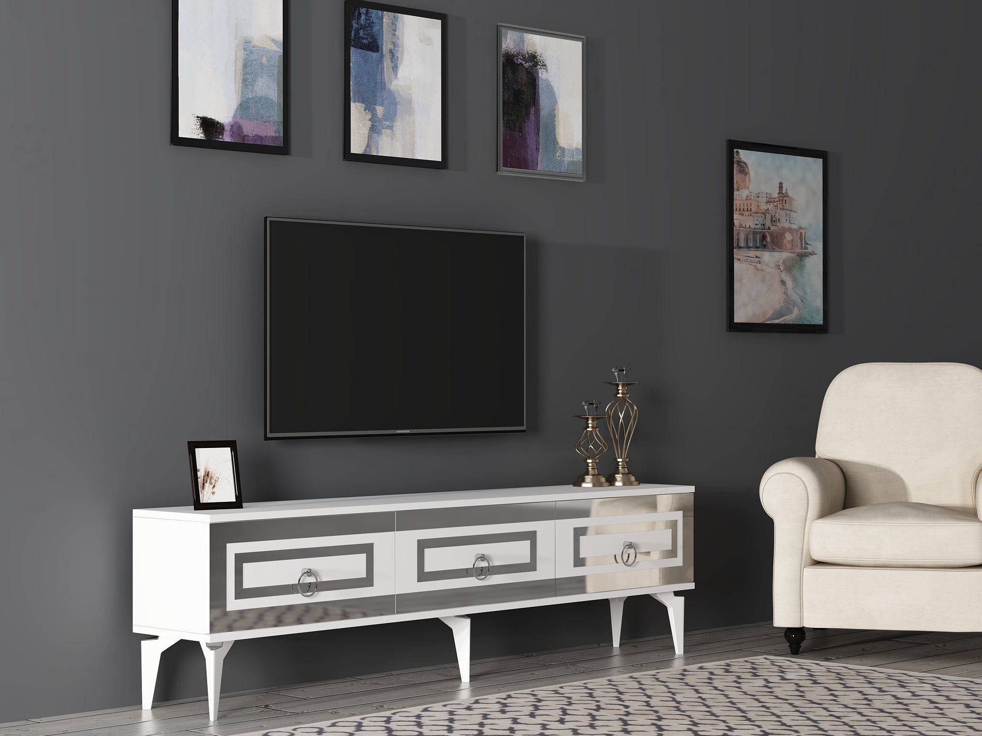 Móvel de TV – 180cm x 29.6cm x 44.6cm – Branco e Prata – Painel de partículas revestido a melamina