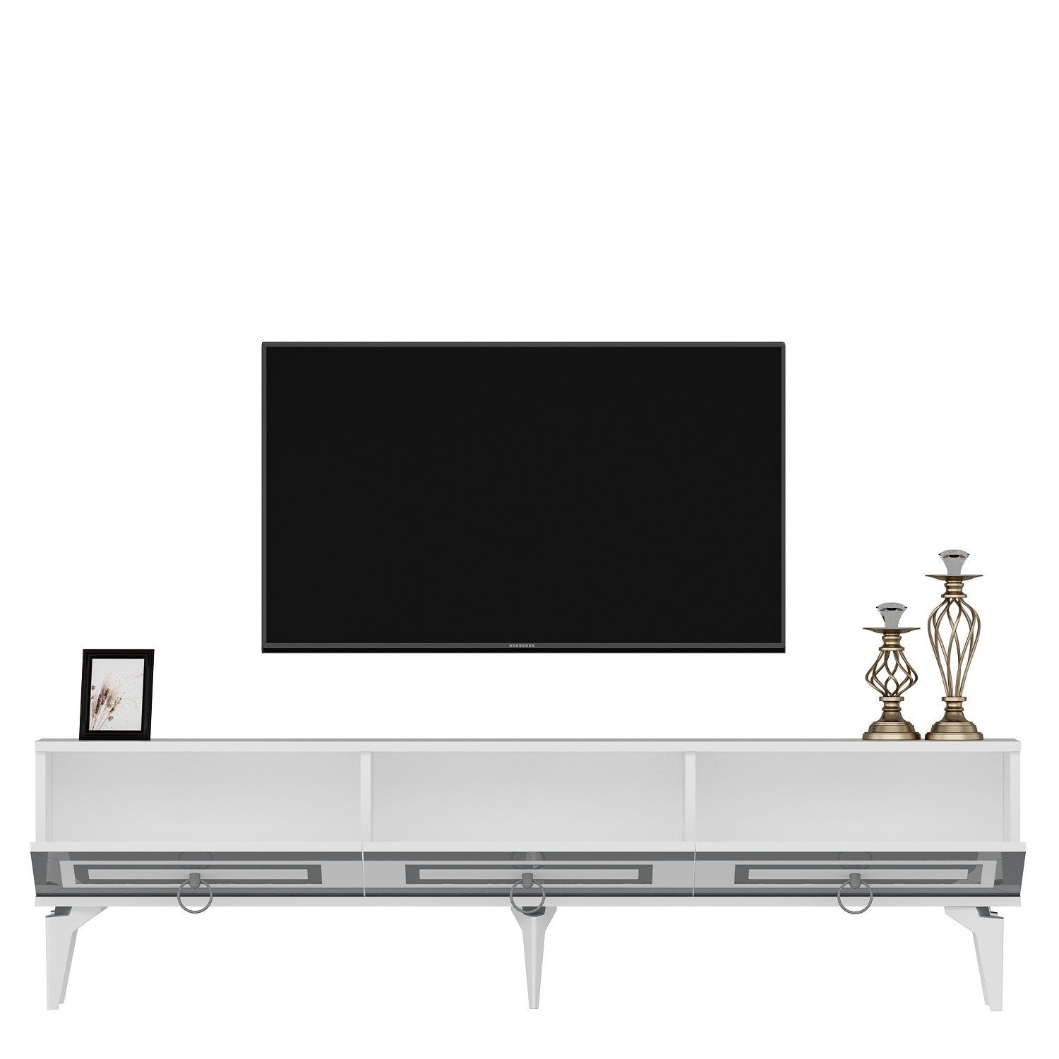 Móvel de TV – 180cm x 29.6cm x 44.6cm – Branco e Prata – Painel de partículas revestido a melamina