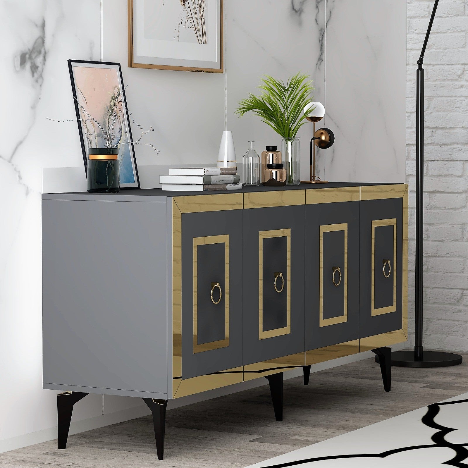 Aparador – 150 cm x 40 cm x 79 cm – Antracite e Dourado – Painéis de Partículas Revestidos a Melamina