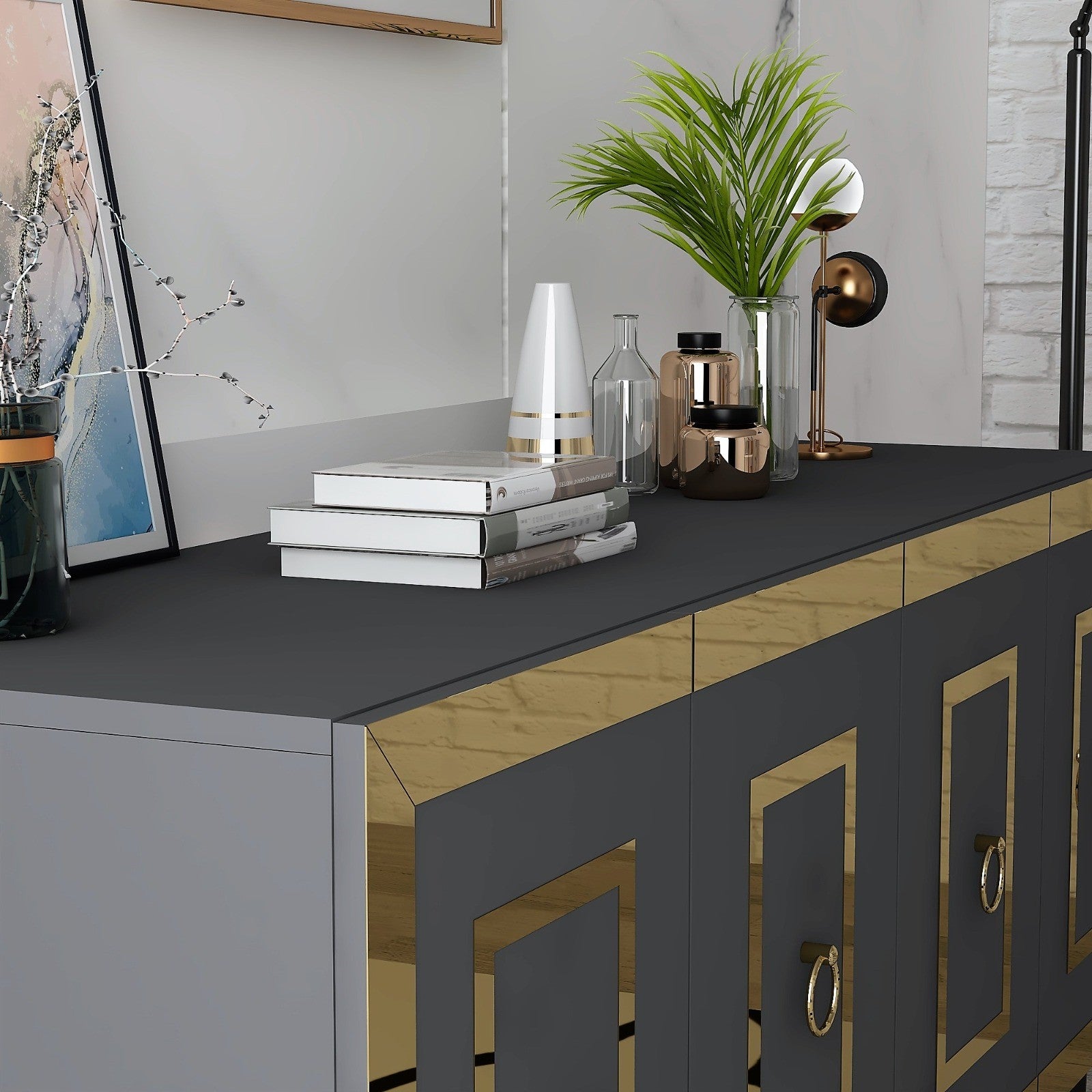Aparador – 150 cm x 40 cm x 79 cm – Antracite e Dourado – Painéis de Partículas Revestidos a Melamina