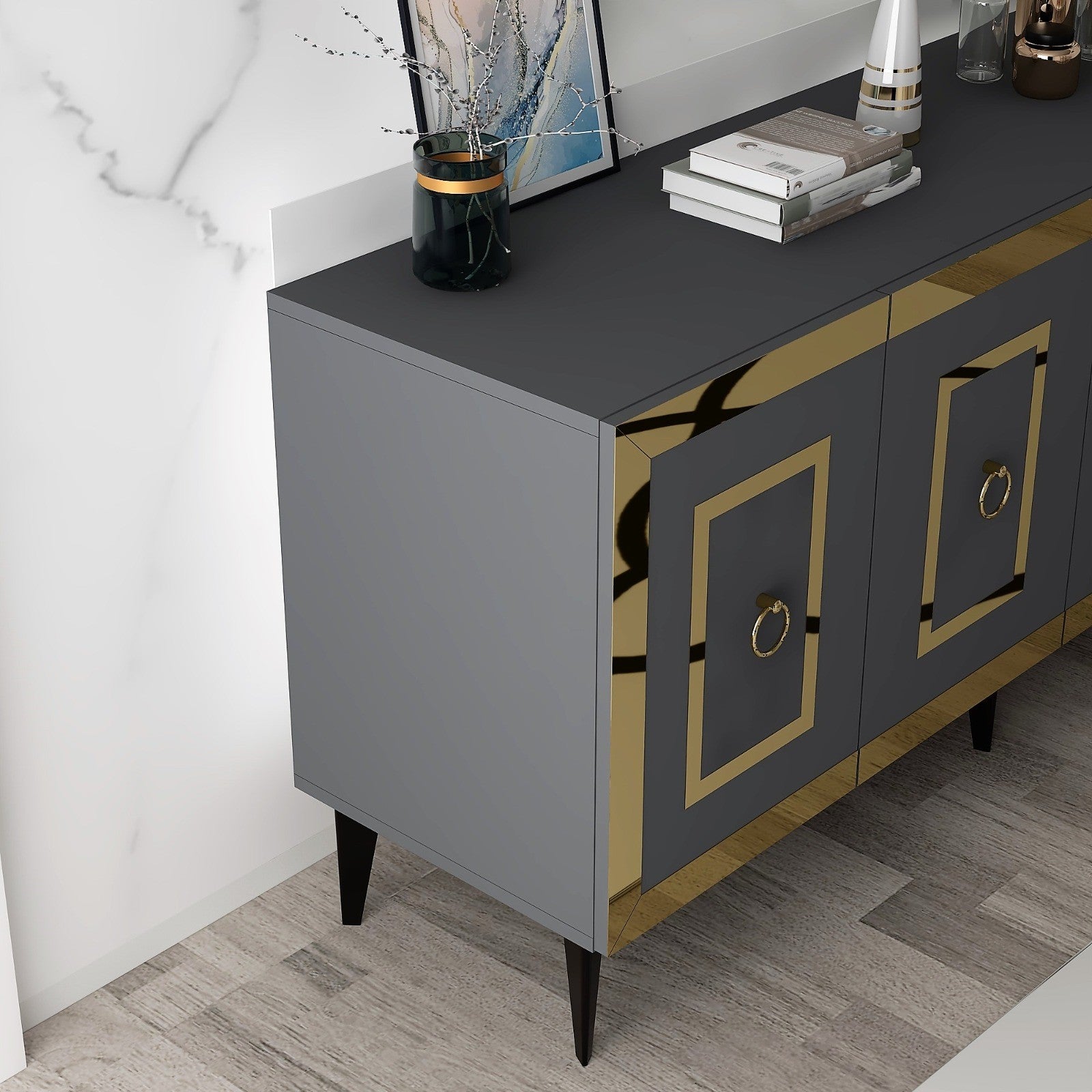 Aparador – 150 cm x 40 cm x 79 cm – Antracite e Dourado – Painéis de Partículas Revestidos a Melamina