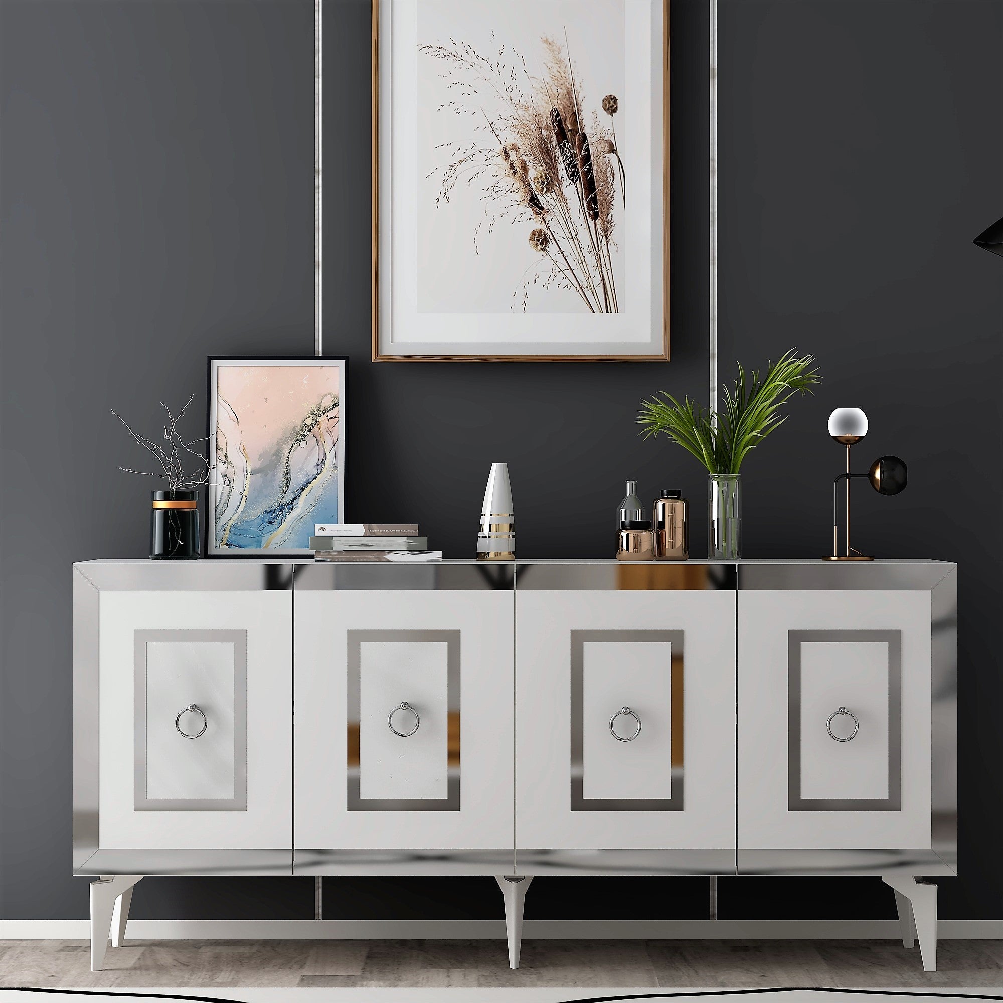 Aparador – 150 x 40 x 79 cm – Branco e Prateado – Painel de Partículas Revestido em Melamina