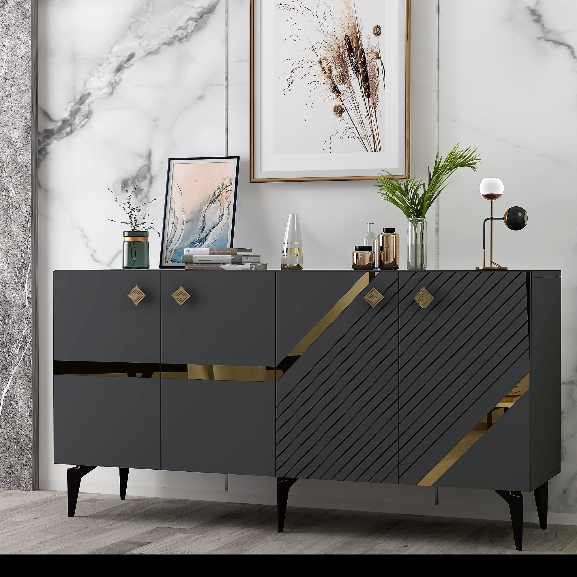 Aparador – 150cm x 40cm x 79cm – Antracite e Dourado – Melamina