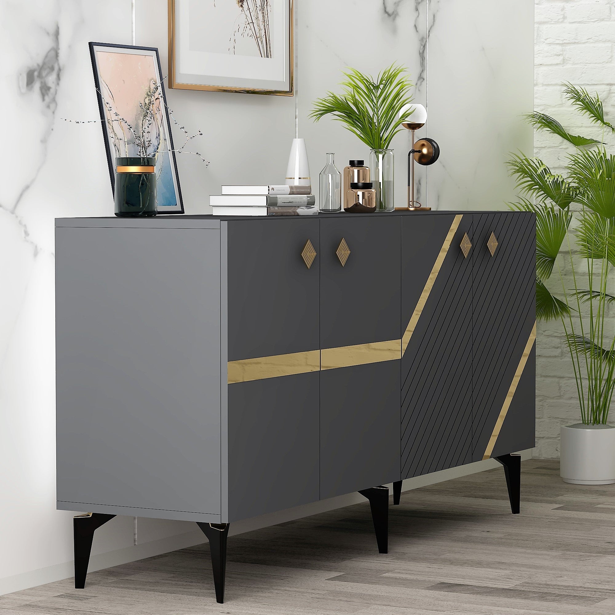 Aparador – 150cm x 40cm x 79cm – Antracite e Dourado – Melamina