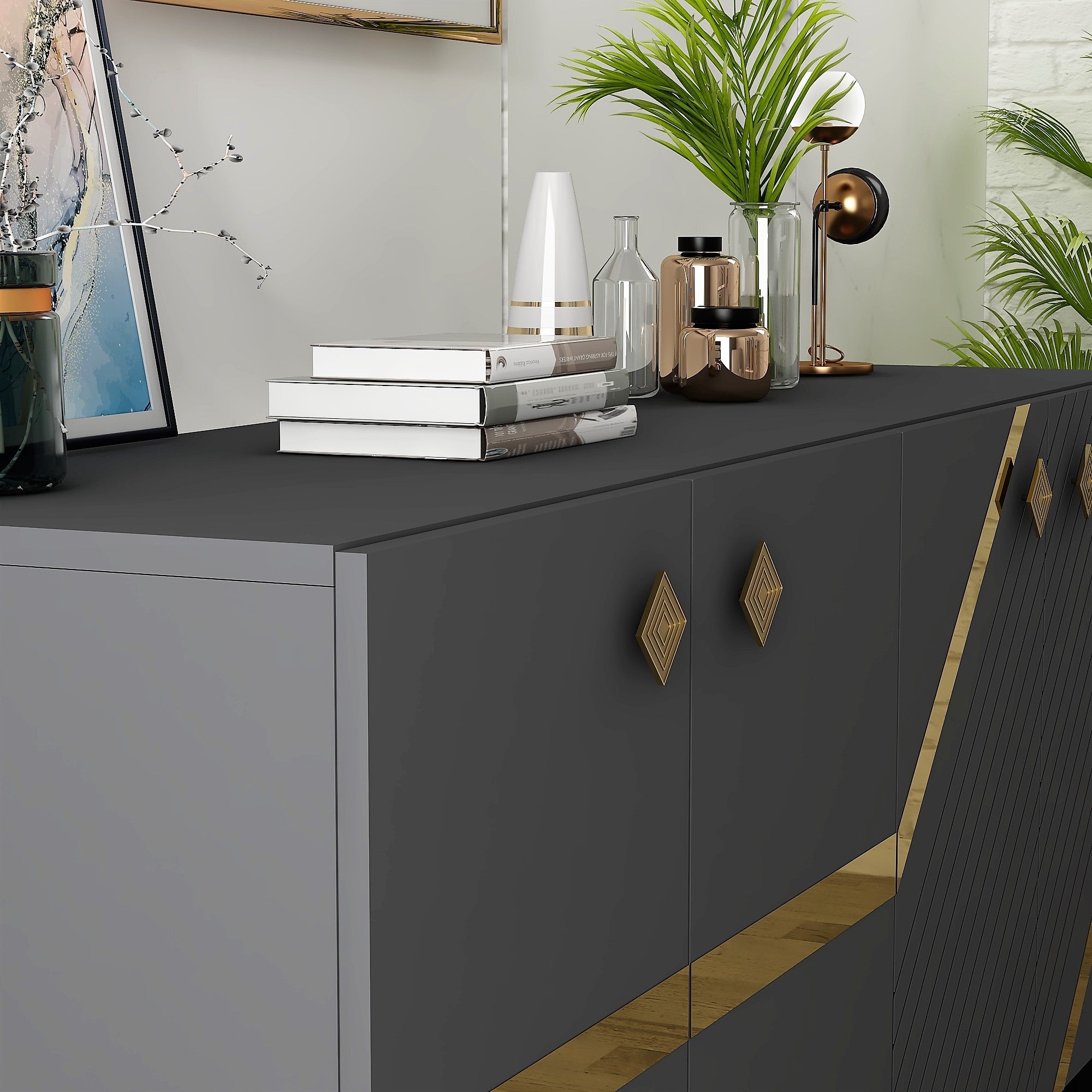Aparador – 150cm x 40cm x 79cm – Antracite e Dourado – Melamina
