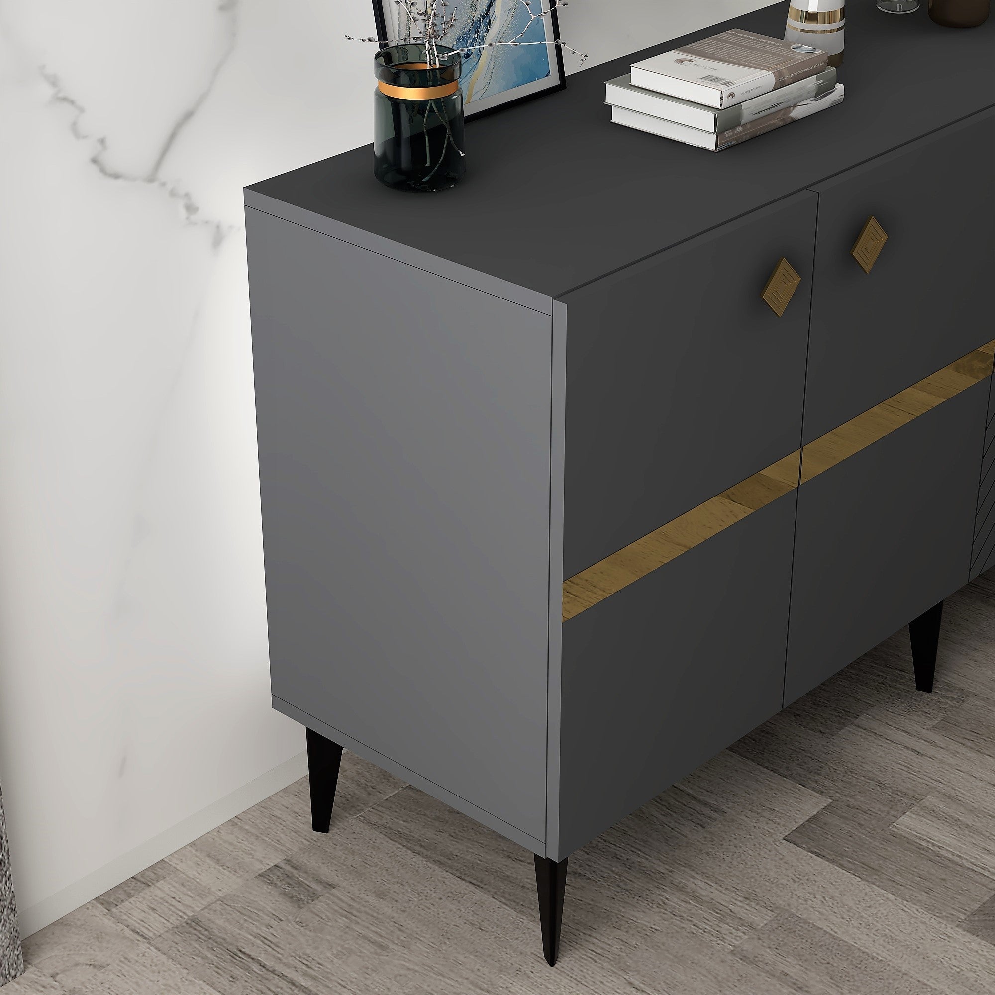 Aparador – 150cm x 40cm x 79cm – Antracite e Dourado – Melamina