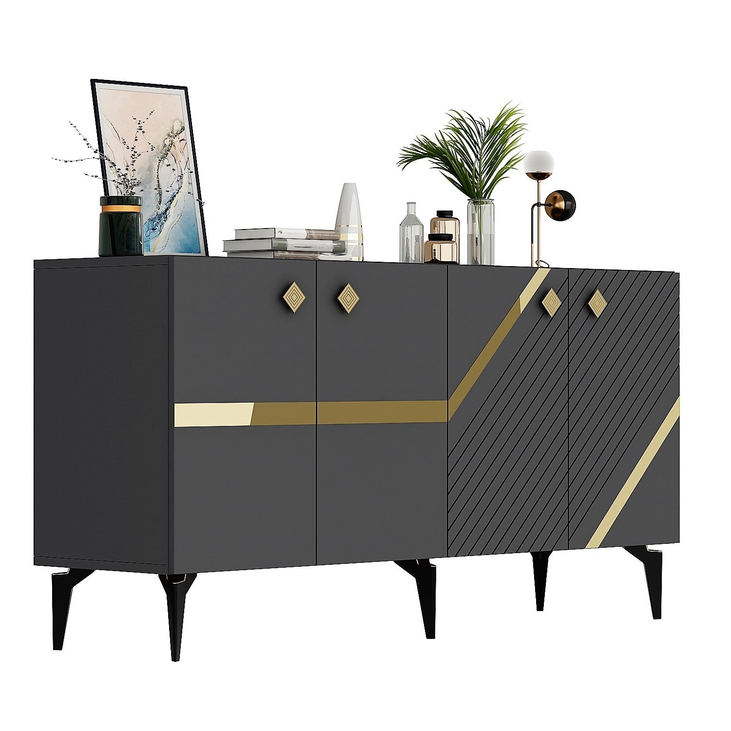Aparador – 150cm x 40cm x 79cm – Antracite e Dourado – Melamina
