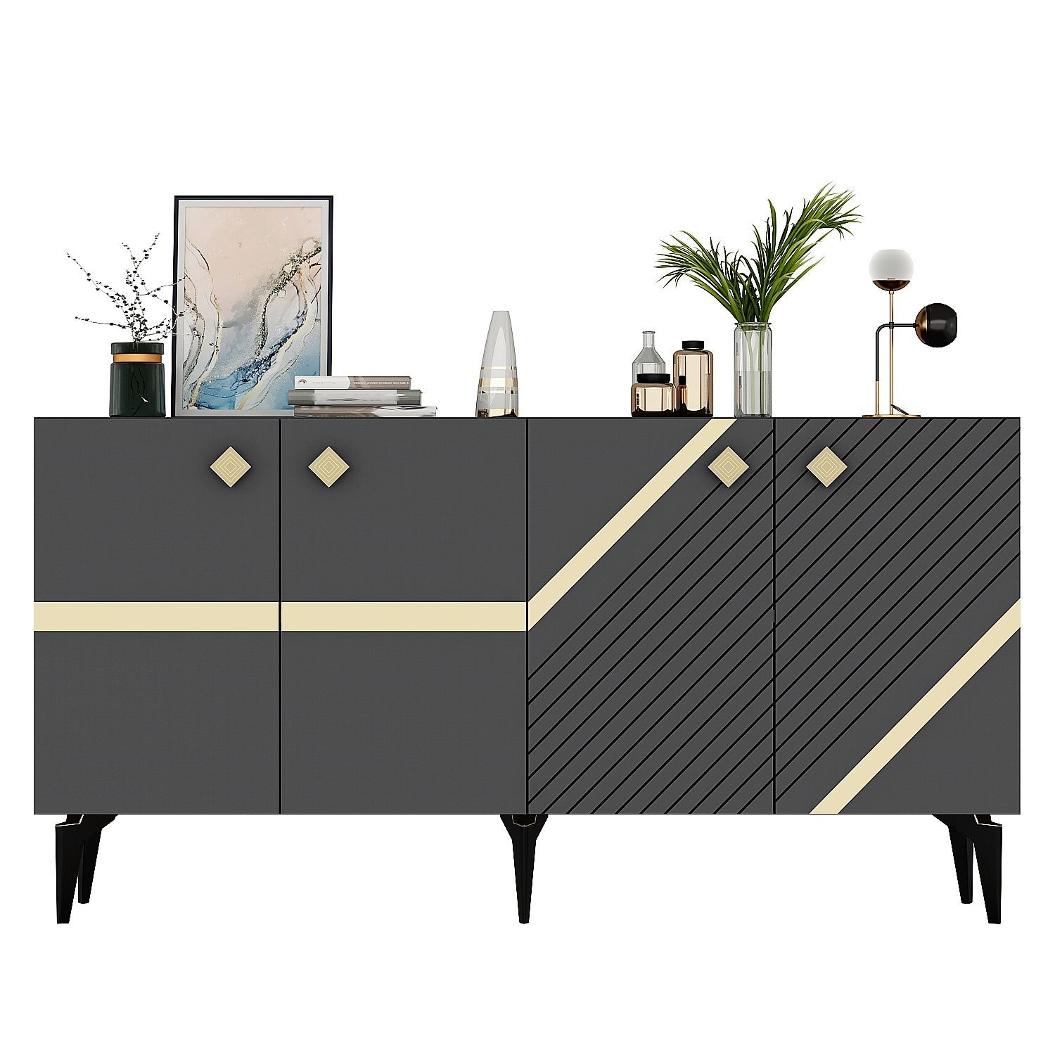 Aparador – 150cm x 40cm x 79cm – Antracite e Dourado – Melamina