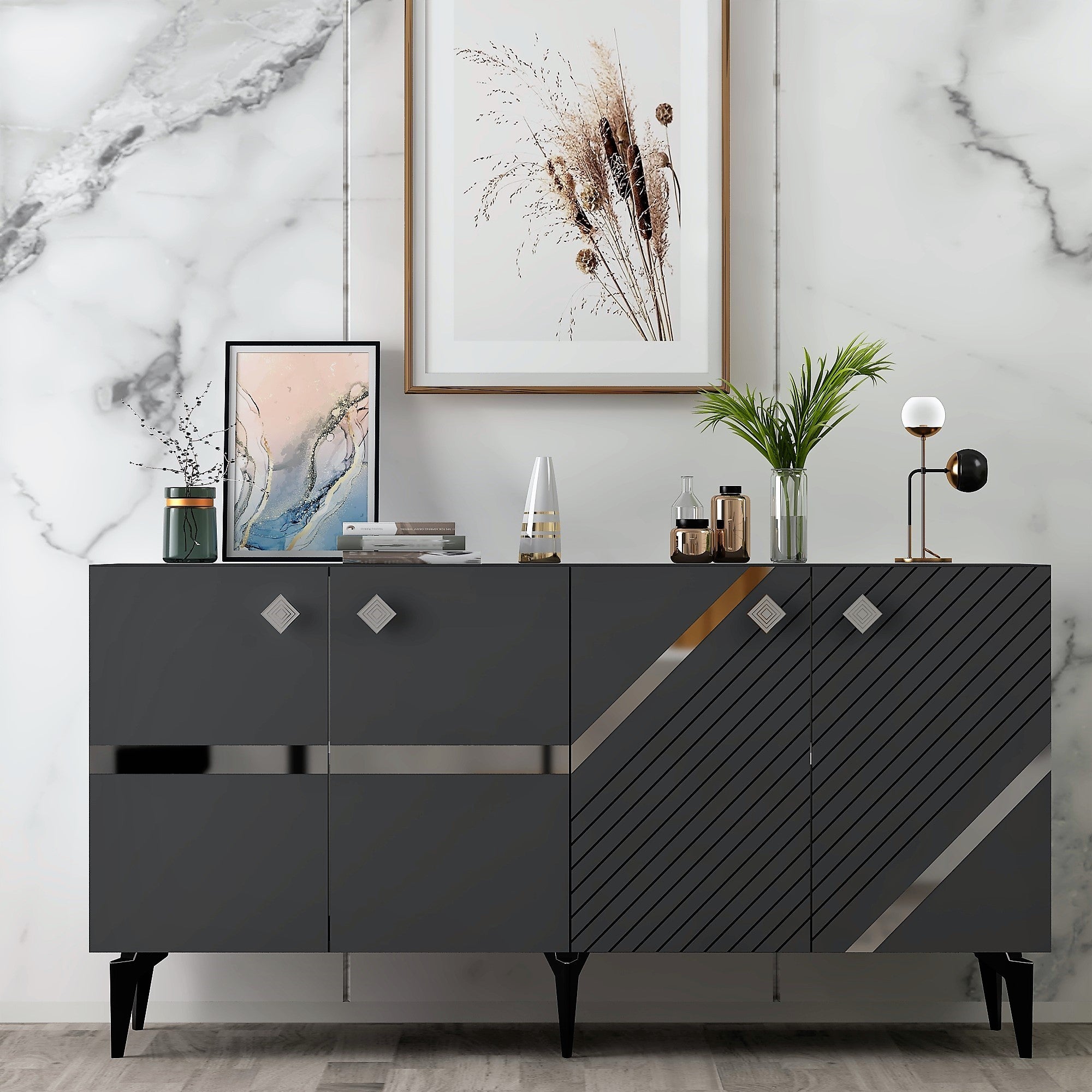 Aparador – 150 x 40 x 79 cm – Antracite e Prata – Painel de Partículas