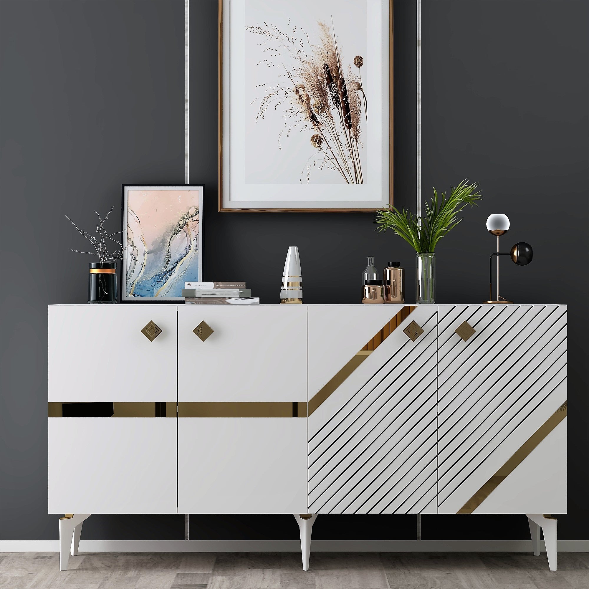 Aparador – 150 x 40 x 79 cm – Branco e Dourado – Painel de Partículas