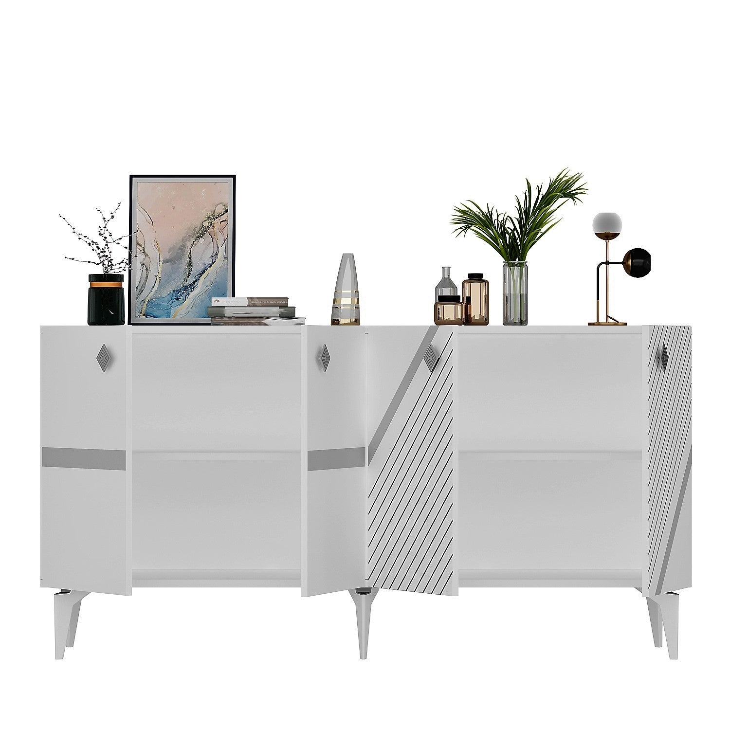 Aparador – 150cm x 40cm x 79cm – Branco e Prata – Painéis de partículas revestidos a melamina