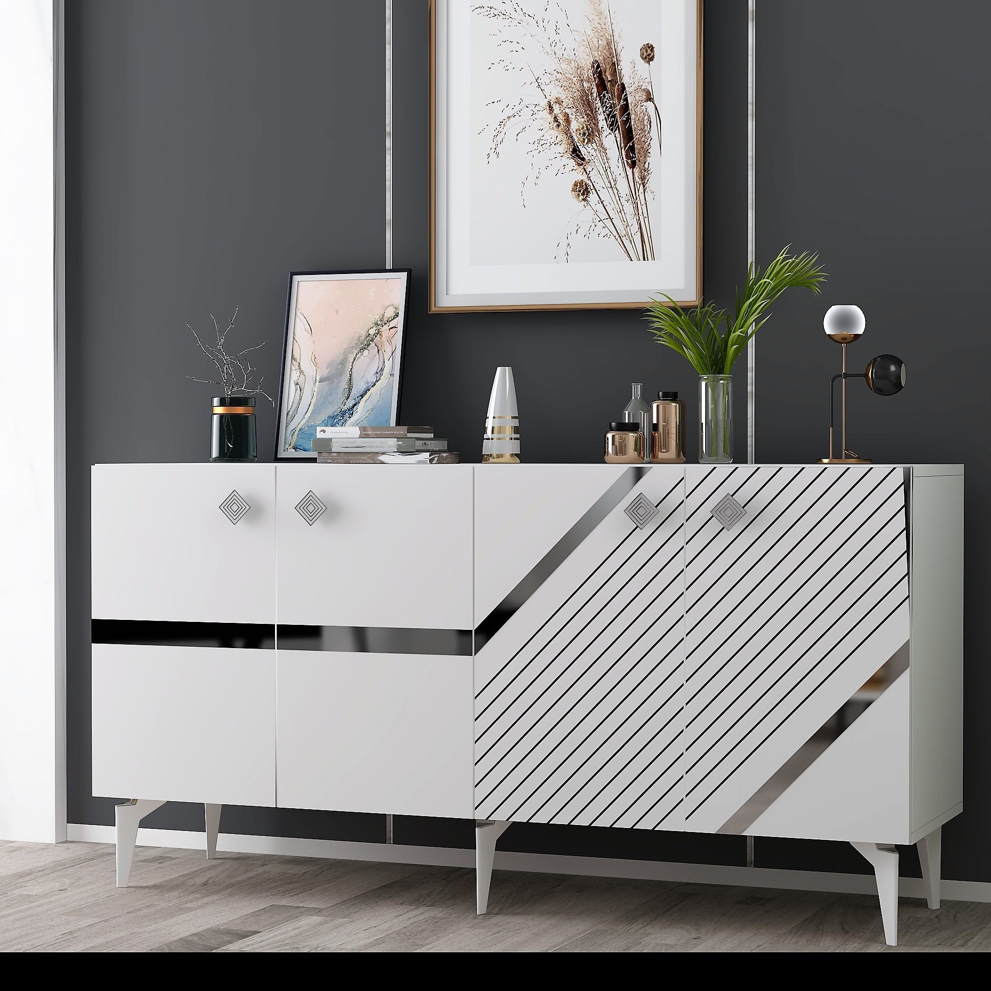 Aparador – 150cm x 40cm x 79cm – Branco e Prata – Painéis de partículas revestidos a melamina