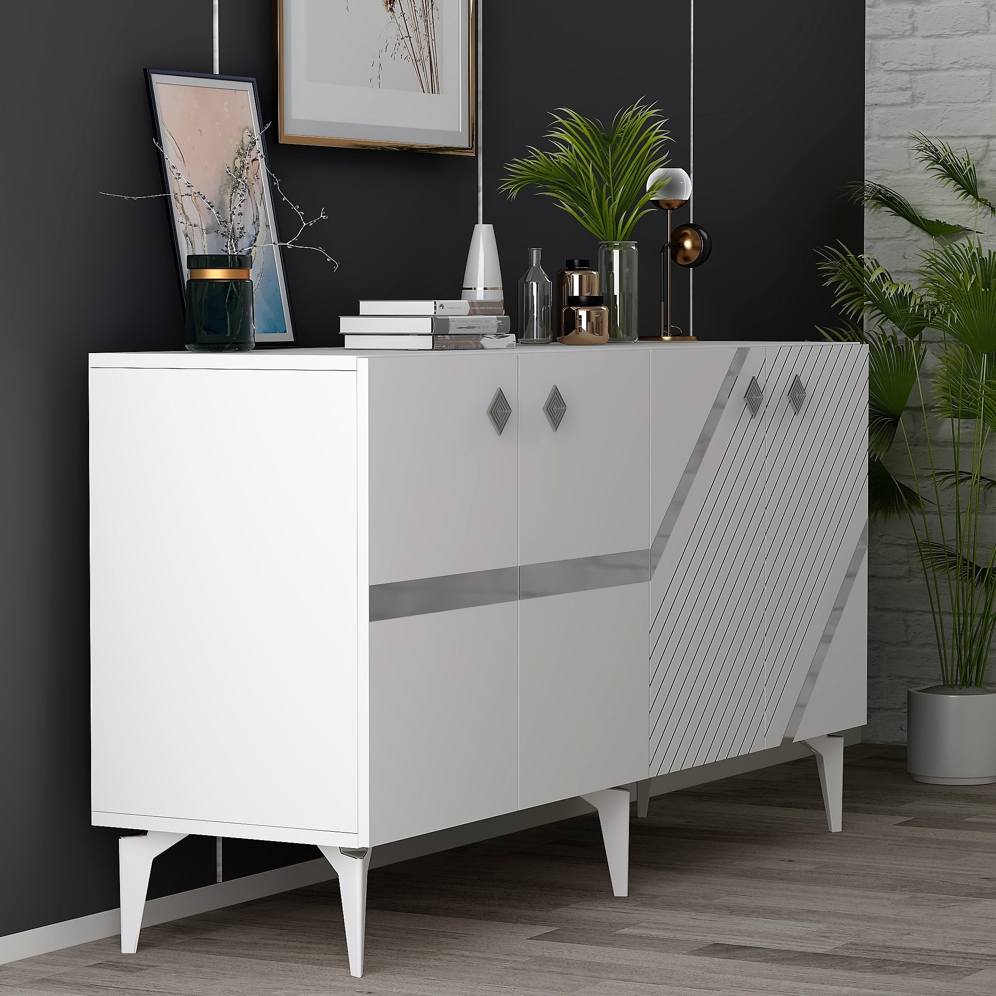 Aparador – 150cm x 40cm x 79cm – Branco e Prata – Painéis de partículas revestidos a melamina