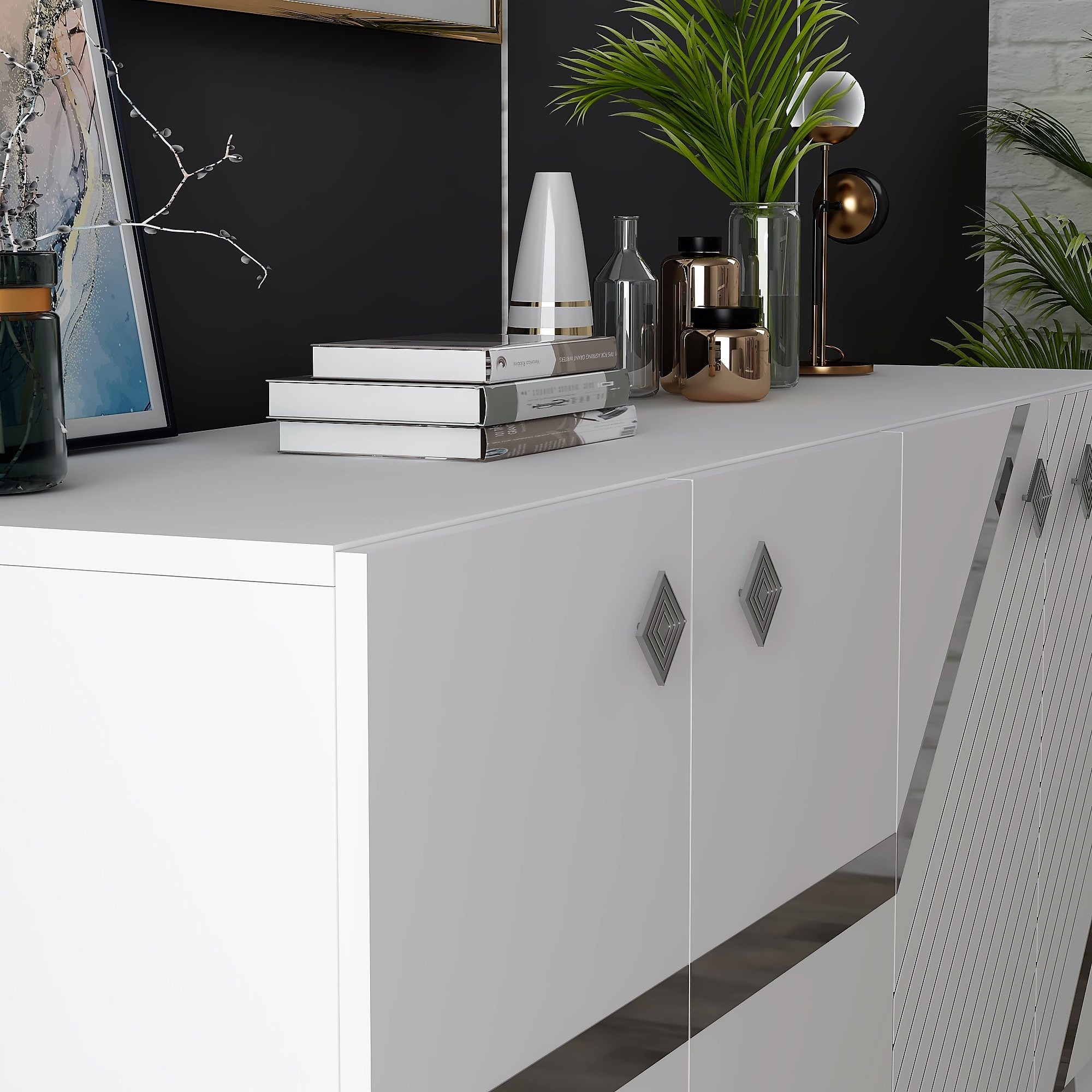 Aparador – 150cm x 40cm x 79cm – Branco e Prata – Painéis de partículas revestidos a melamina