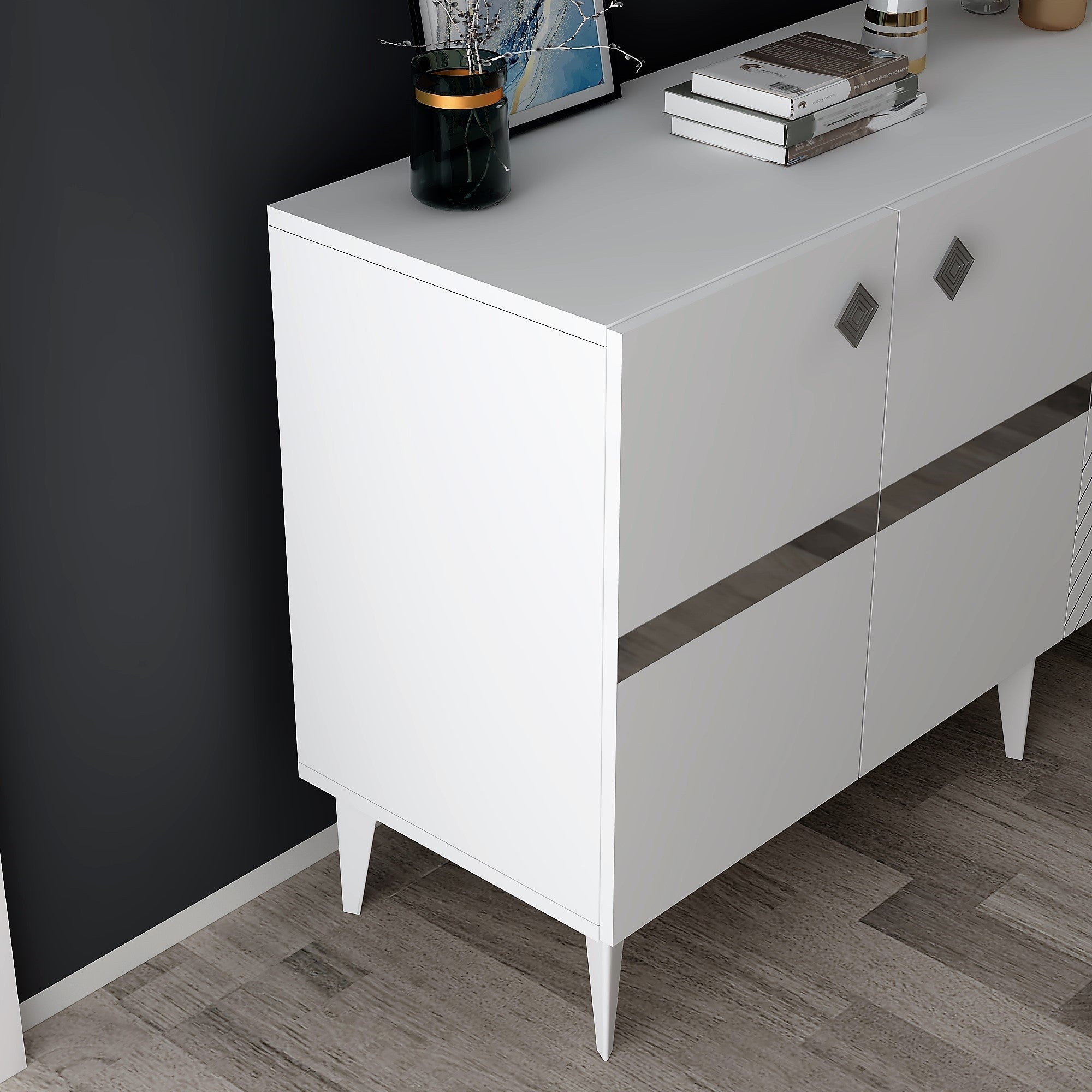 Aparador – 150cm x 40cm x 79cm – Branco e Prata – Painéis de partículas revestidos a melamina