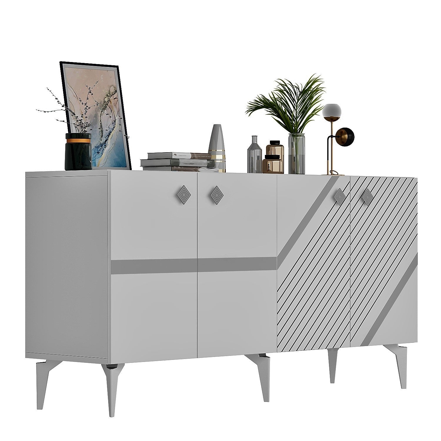 Aparador – 150cm x 40cm x 79cm – Branco e Prata – Painéis de partículas revestidos a melamina