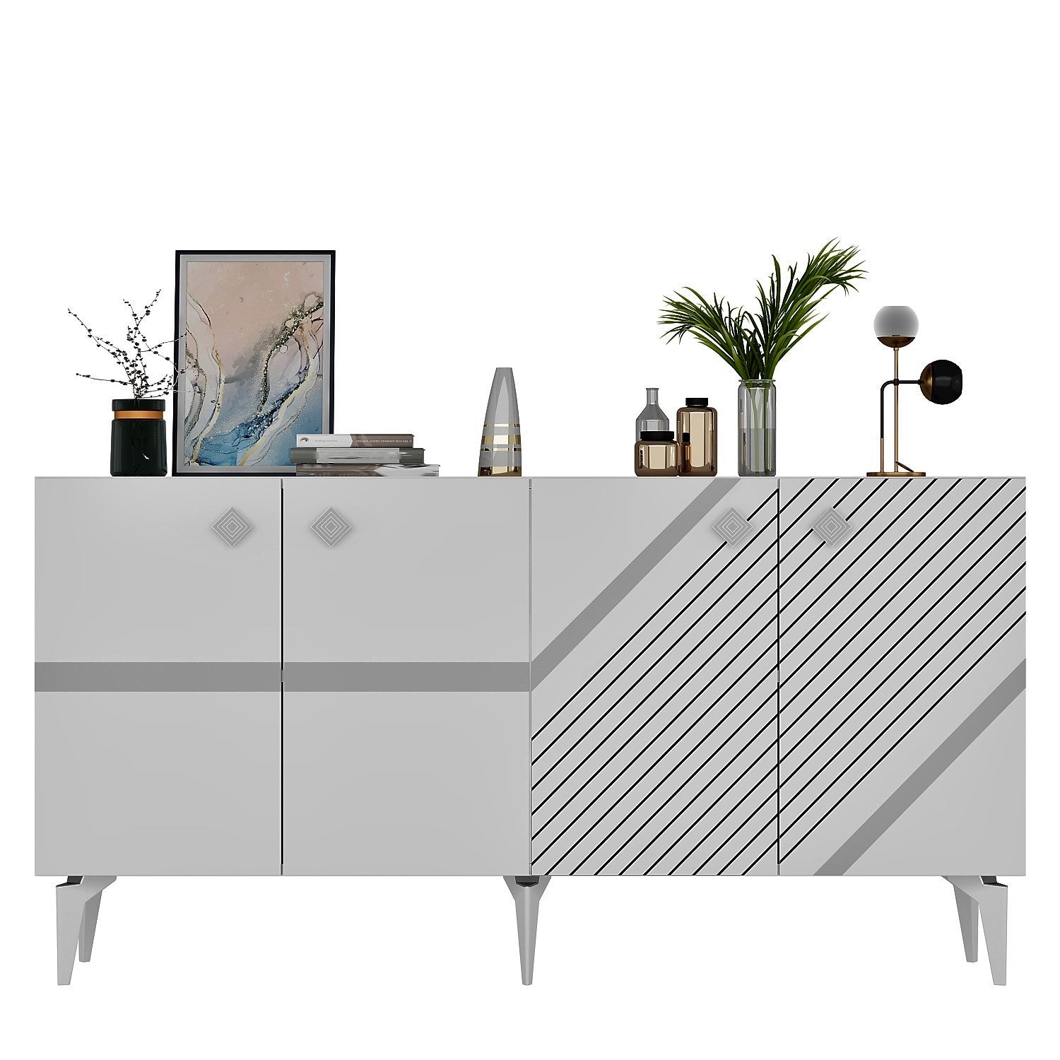 Aparador – 150cm x 40cm x 79cm – Branco e Prata – Painéis de partículas revestidos a melamina