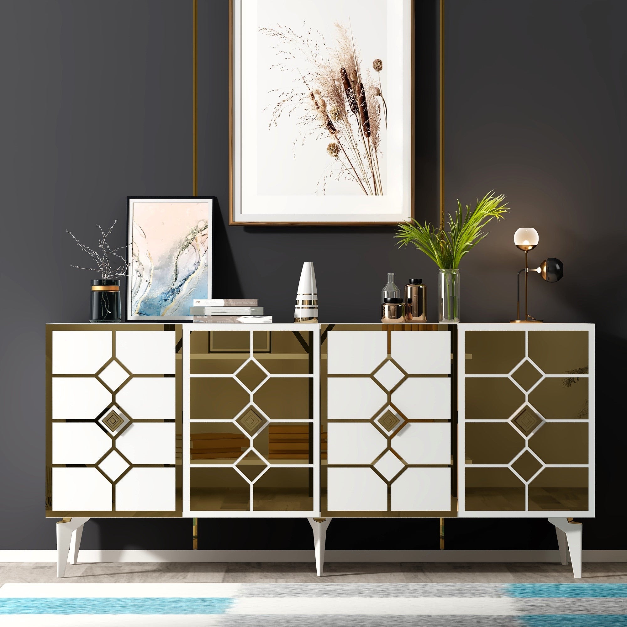 Aparador – 150cm x 40cm x 79cm – Branco e Dourado – Painel de partículas revestido a melamina