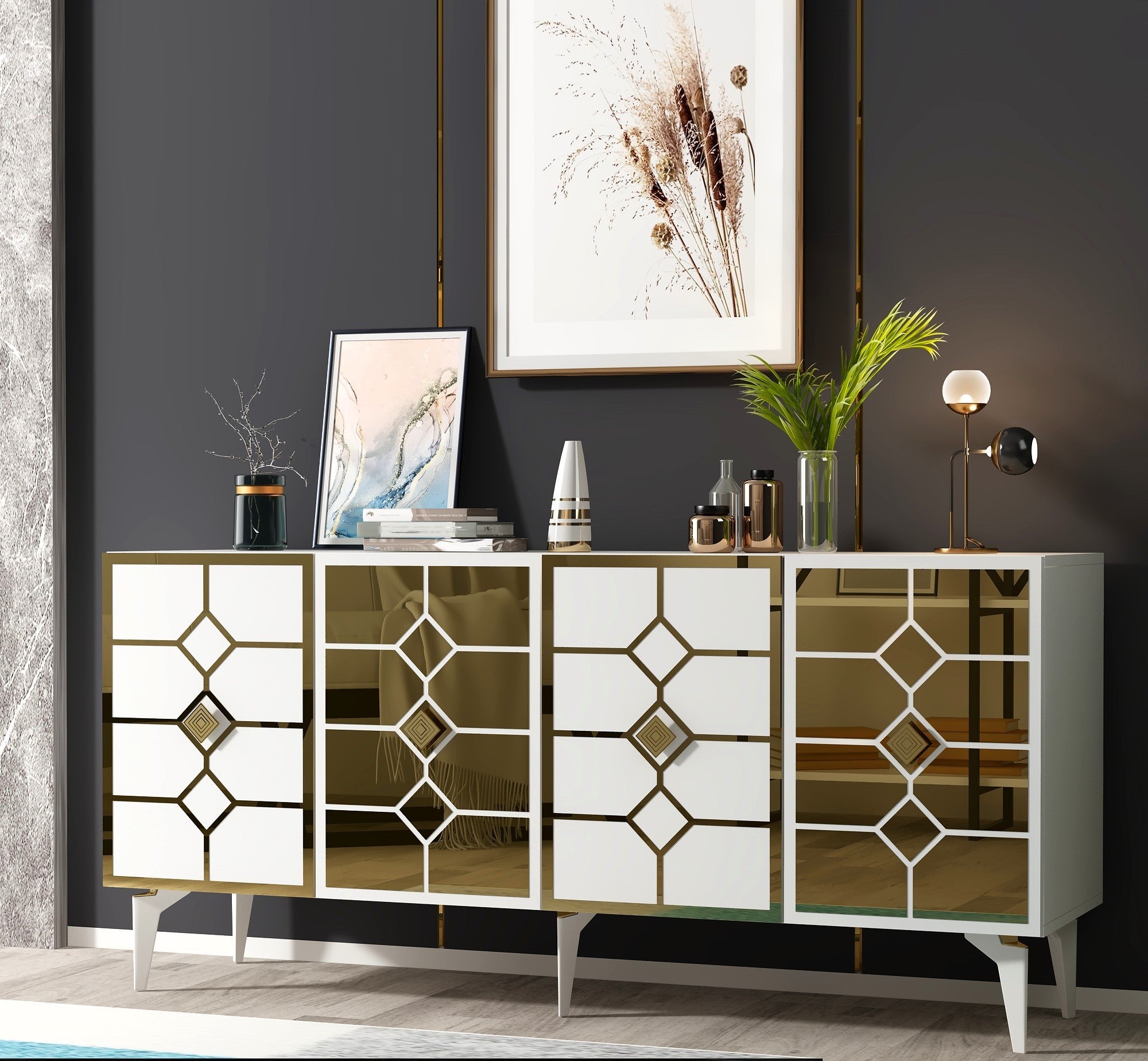 Aparador – 150cm x 40cm x 79cm – Branco e Dourado – Painel de partículas revestido a melamina