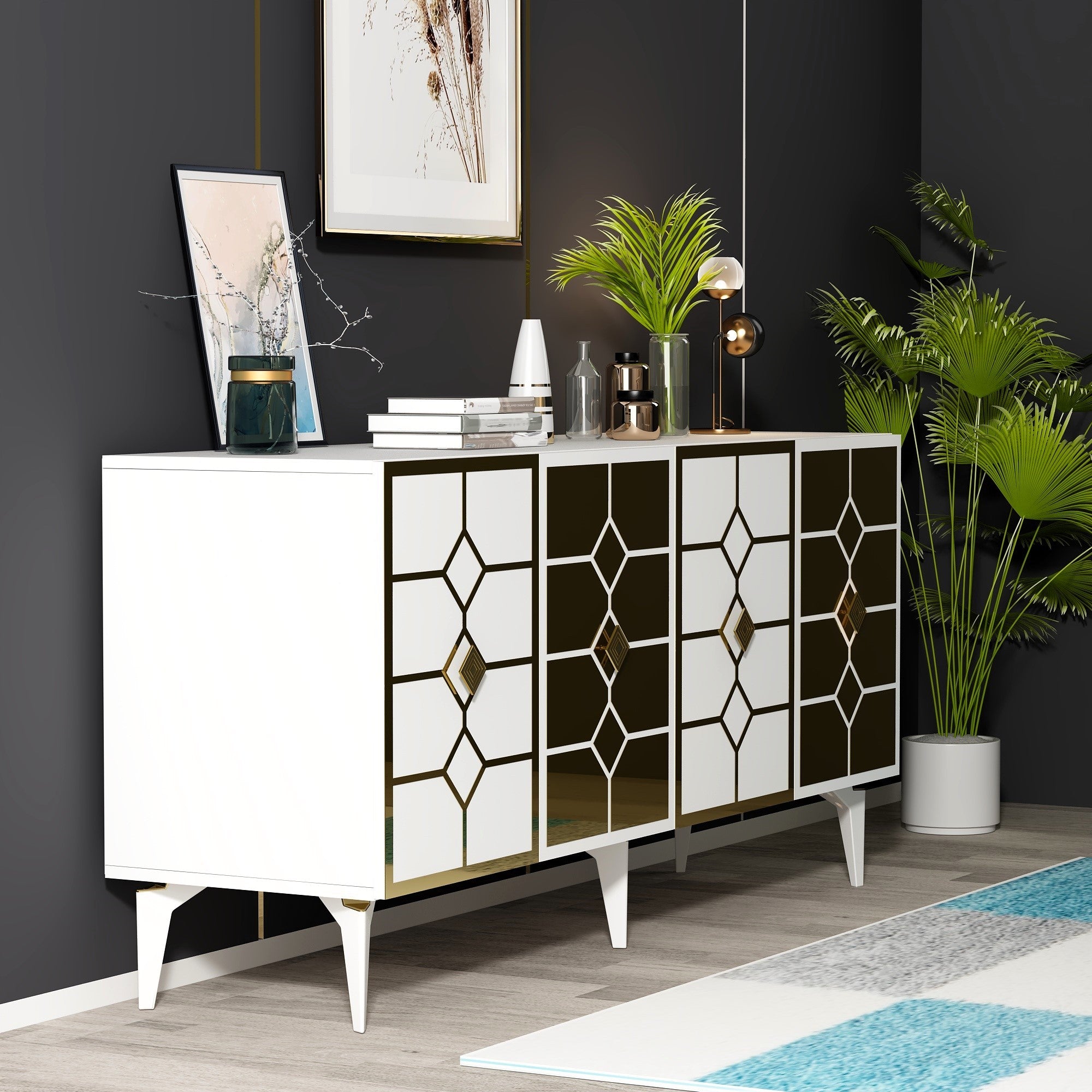 Aparador – 150cm x 40cm x 79cm – Branco e Dourado – Painel de partículas revestido a melamina