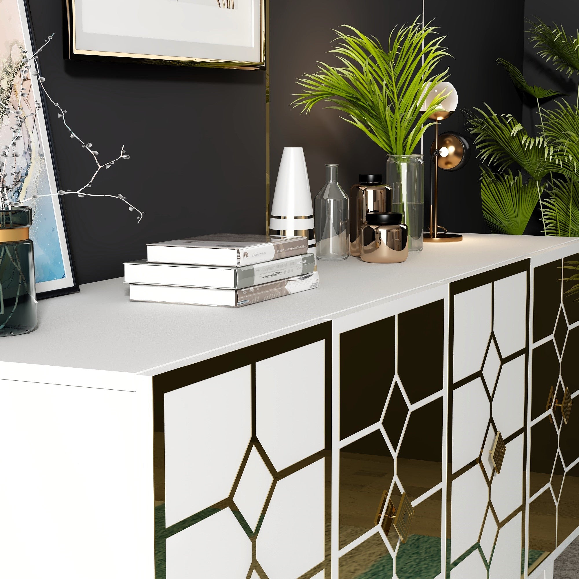 Aparador – 150cm x 40cm x 79cm – Branco e Dourado – Painel de partículas revestido a melamina