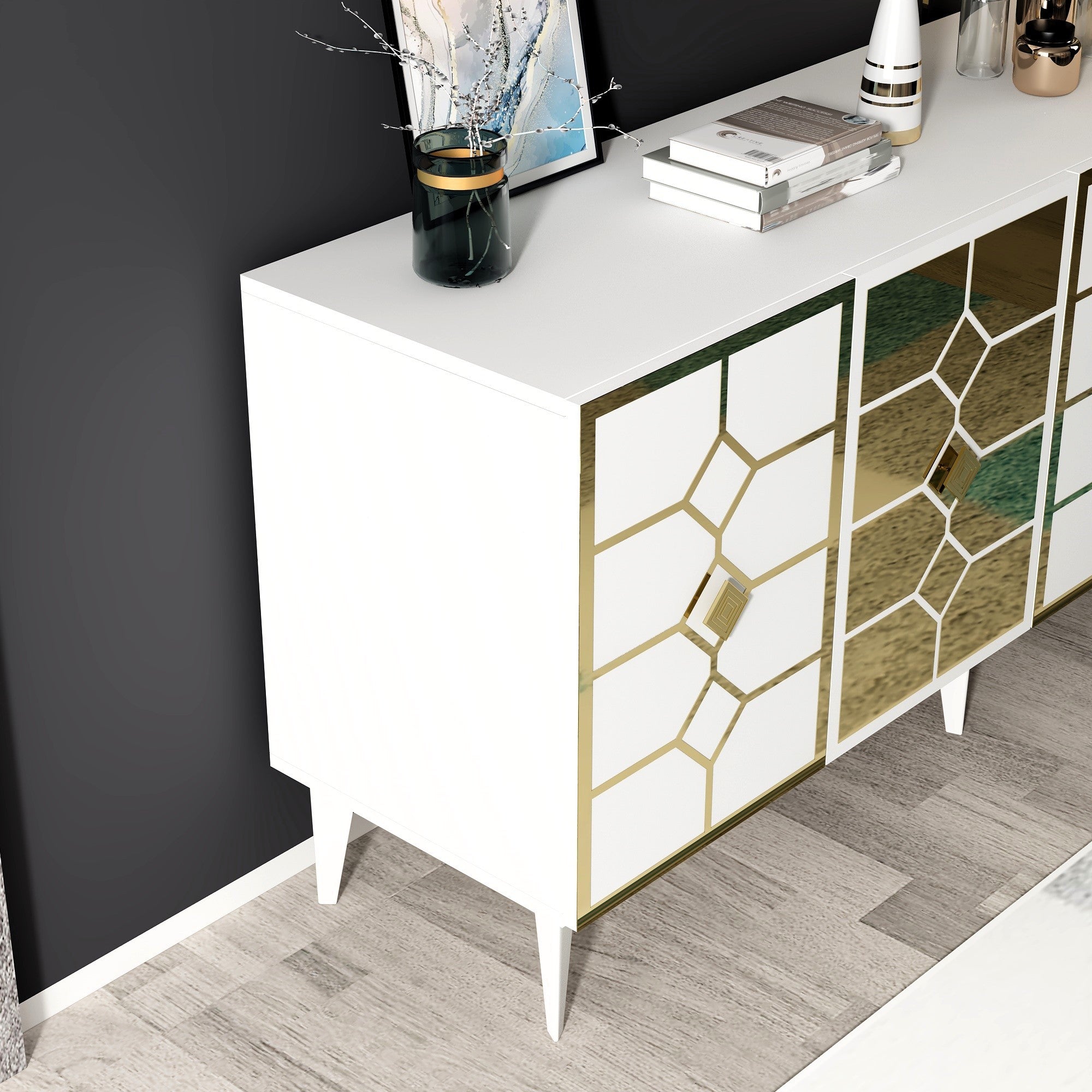 Aparador – 150cm x 40cm x 79cm – Branco e Dourado – Painel de partículas revestido a melamina