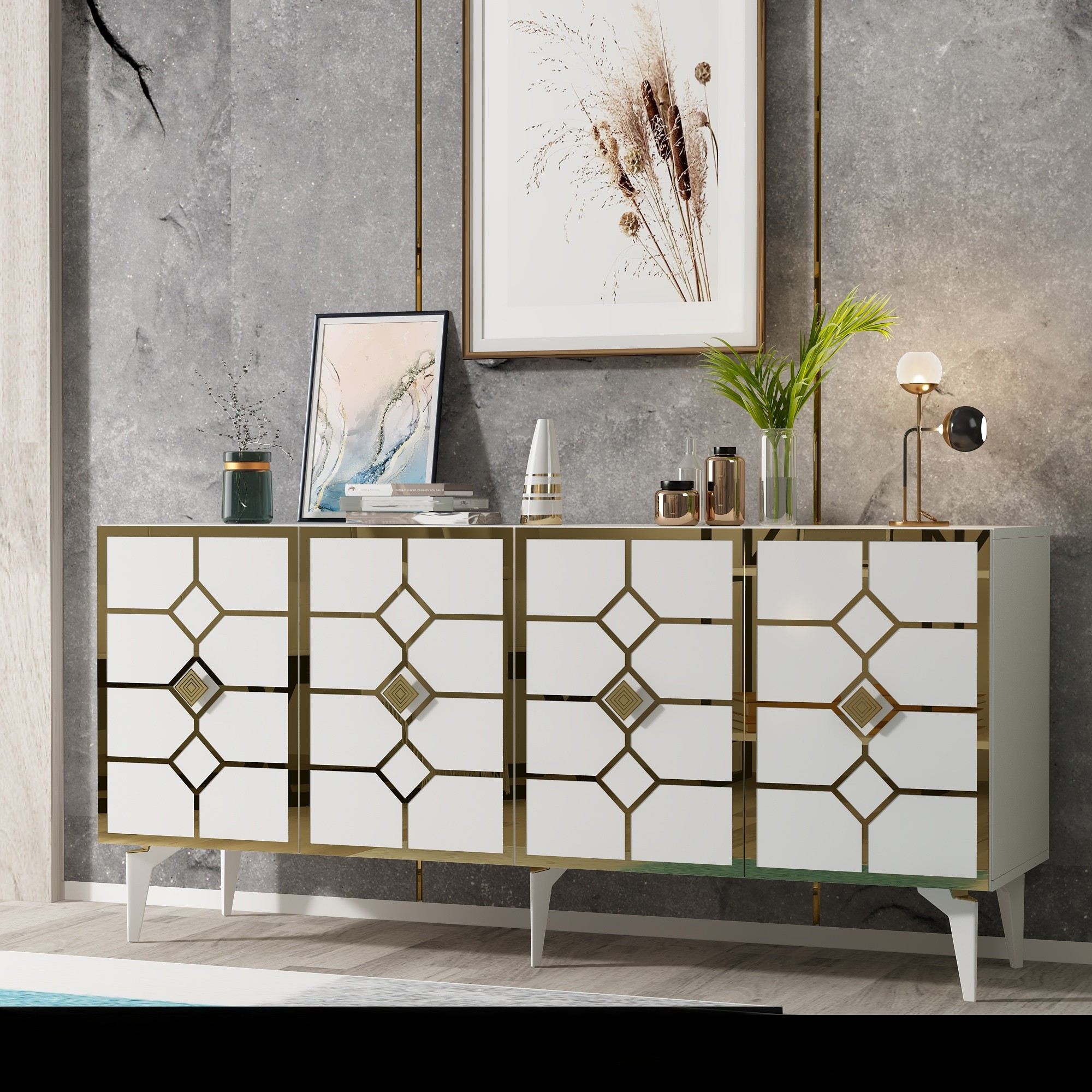 Aparador – 150cm x 40cm x 79cm – Branco e Dourado – Melamina