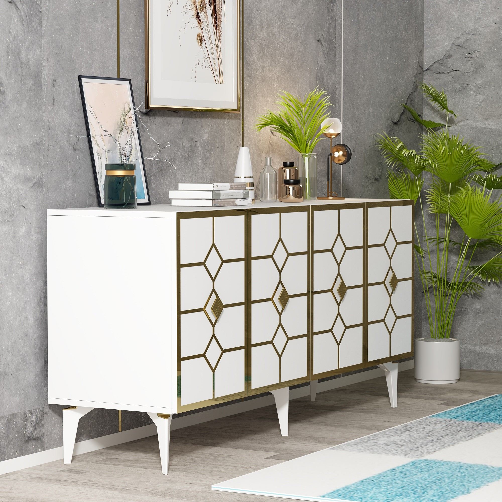 Aparador – 150cm x 40cm x 79cm – Branco e Dourado – Melamina