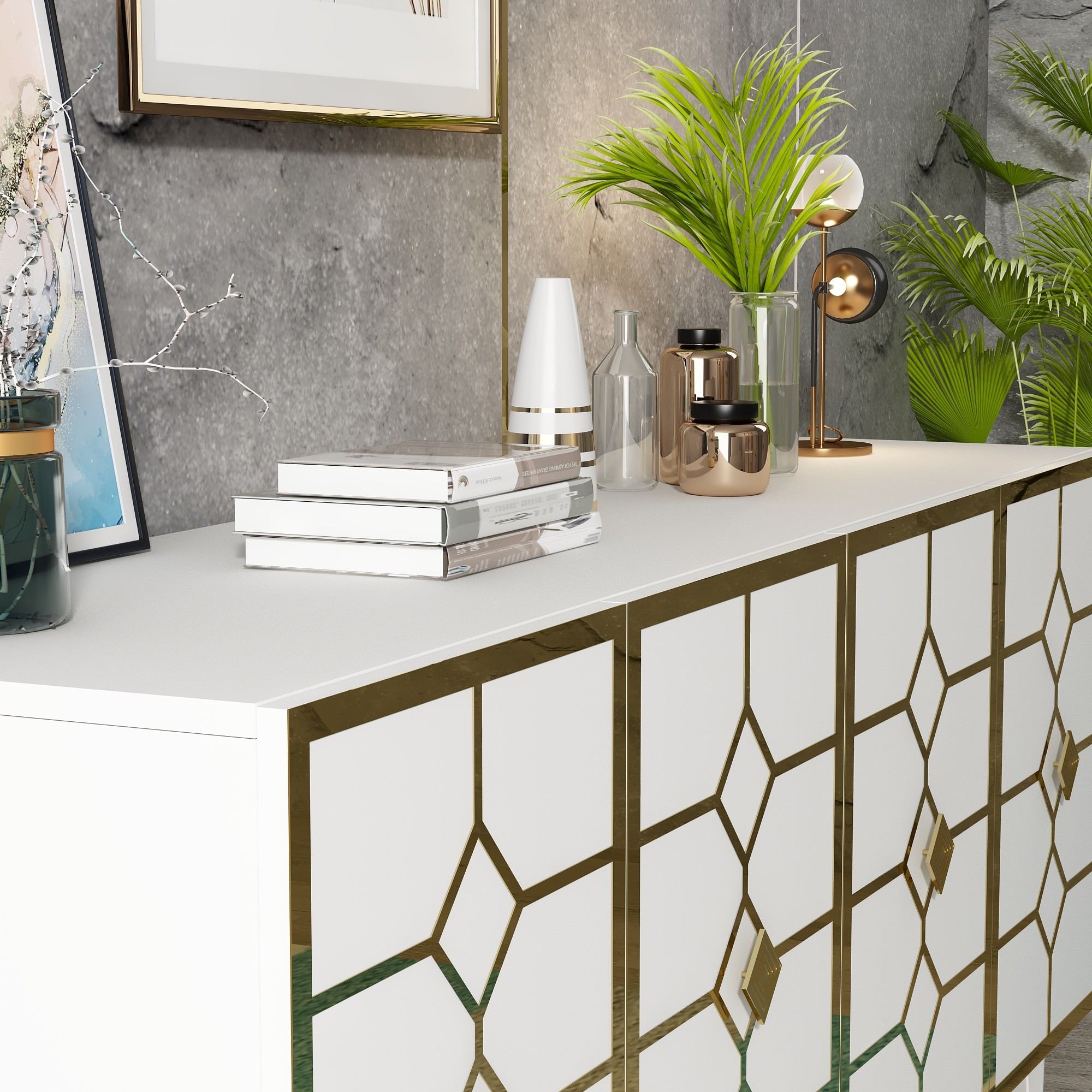 Aparador – 150cm x 40cm x 79cm – Branco e Dourado – Melamina
