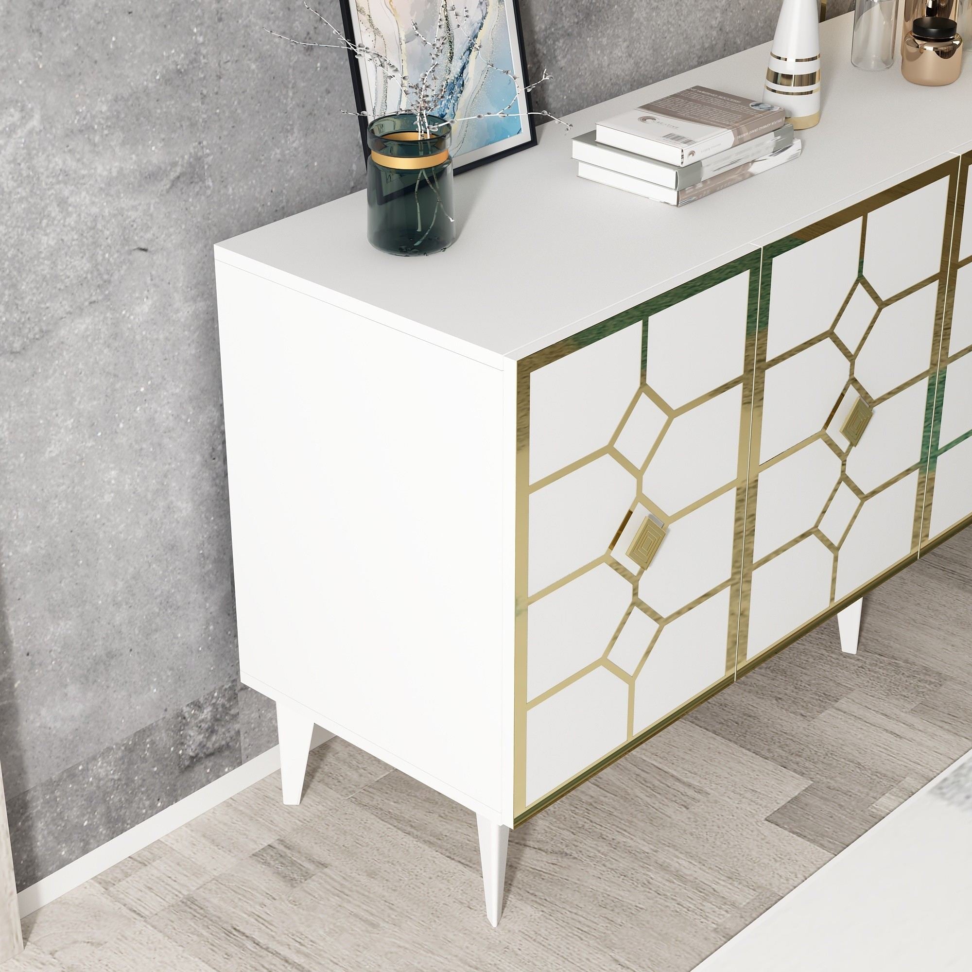 Aparador – 150cm x 40cm x 79cm – Branco e Dourado – Melamina