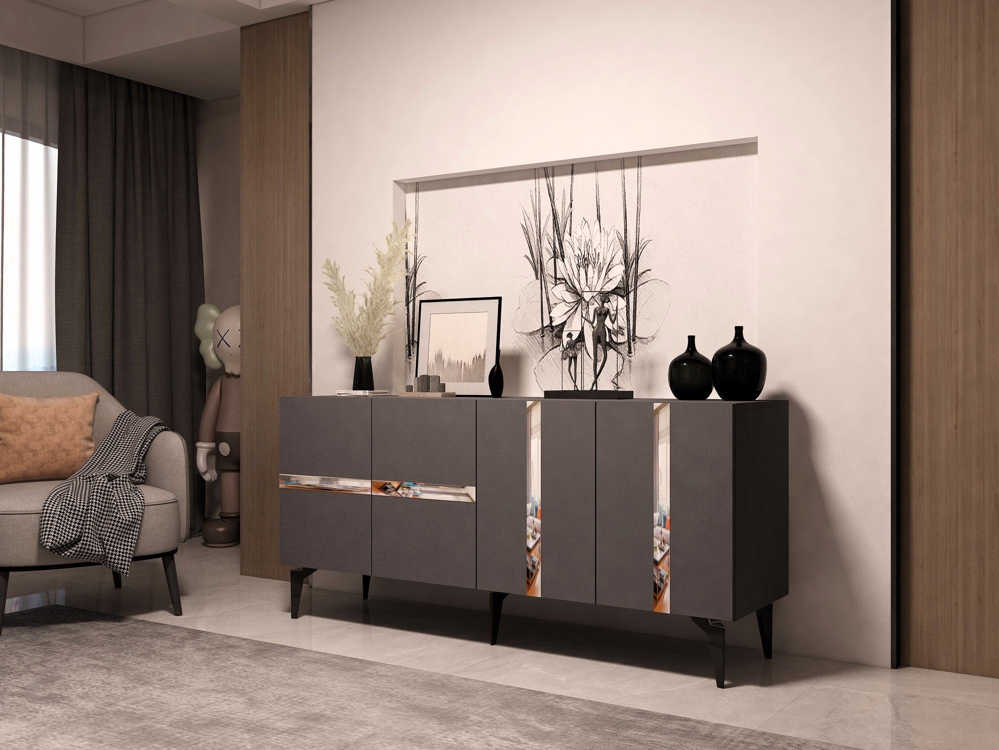 Aparador – 150cm x 40cm x 79cm – Antracite e Prata – Painel de partículas revestido a melamina