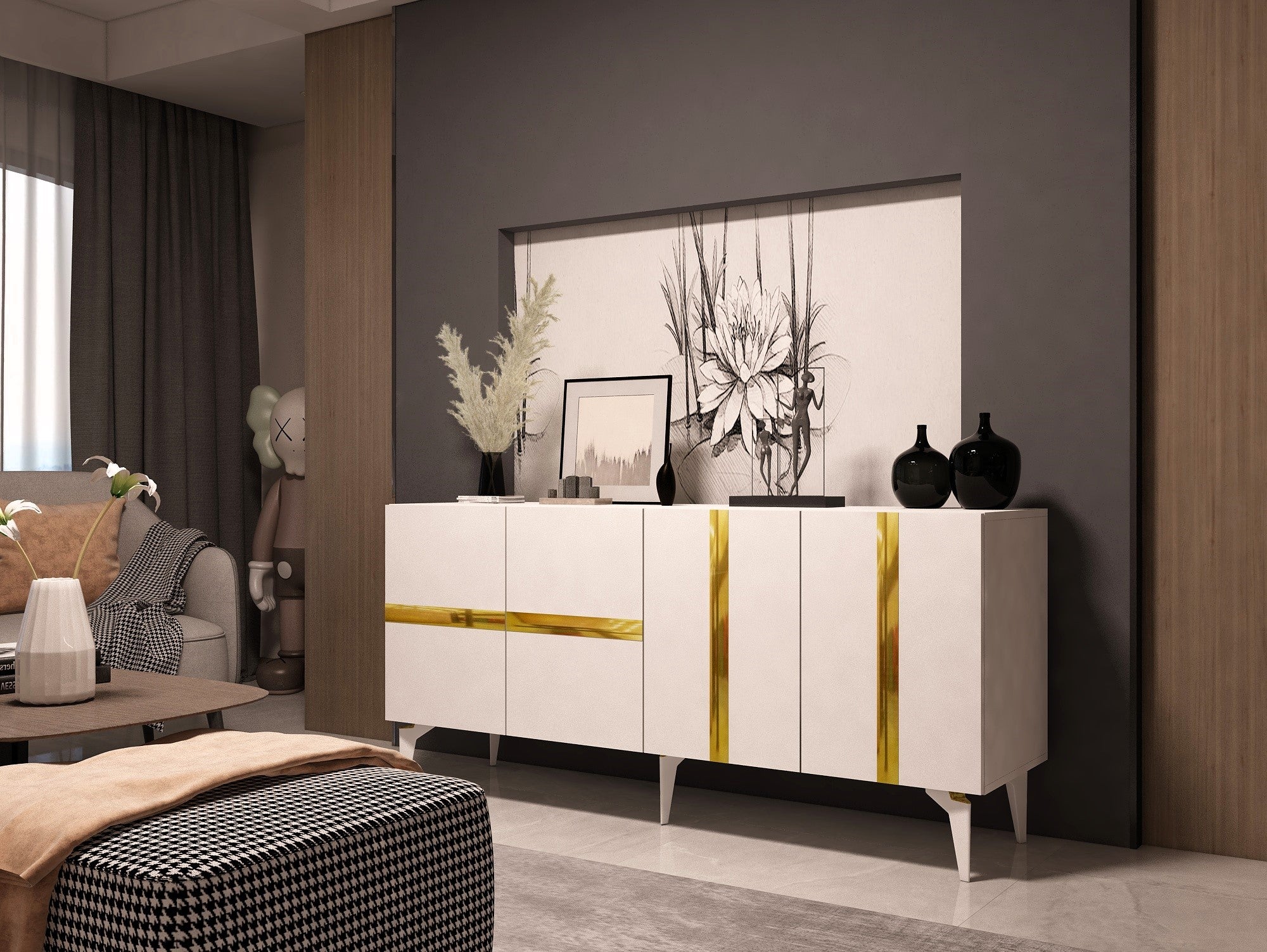 Aparador – 150cm x 40cm x 79cm – Branco e Dourado – Painel de Partículas