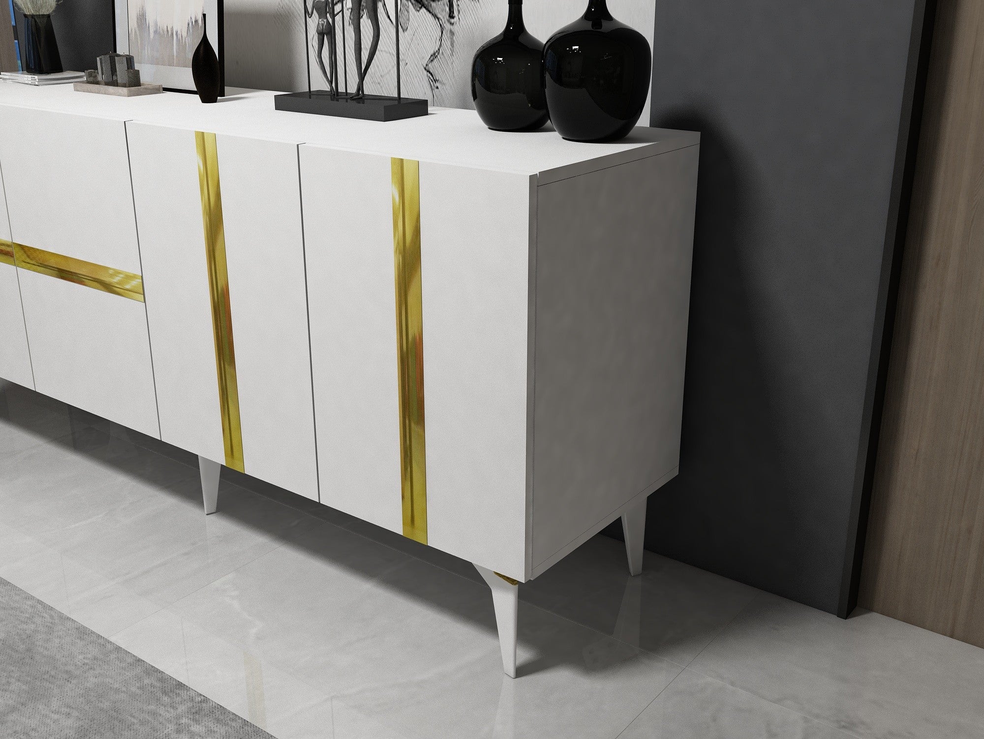 Aparador – 150cm x 40cm x 79cm – Branco e Dourado – Painel de Partículas