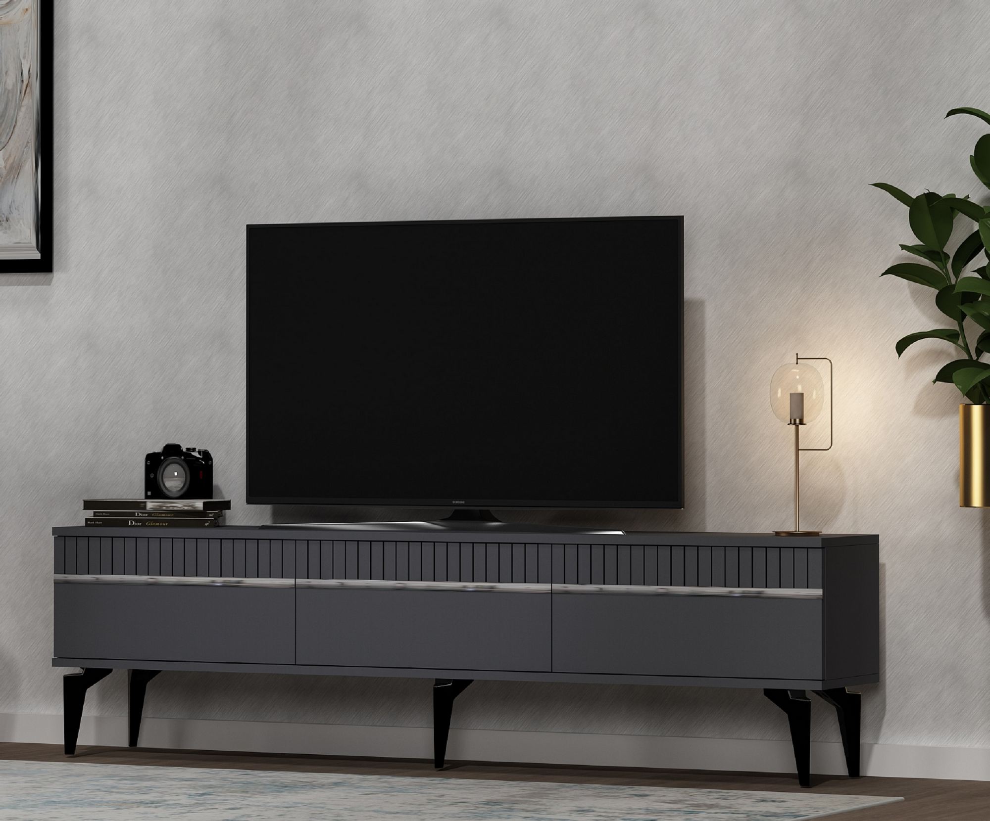 Móvel de TV – 180 cm x 44,6 cm x 29,6 cm – Antracite e Prata – Painel de Partículas