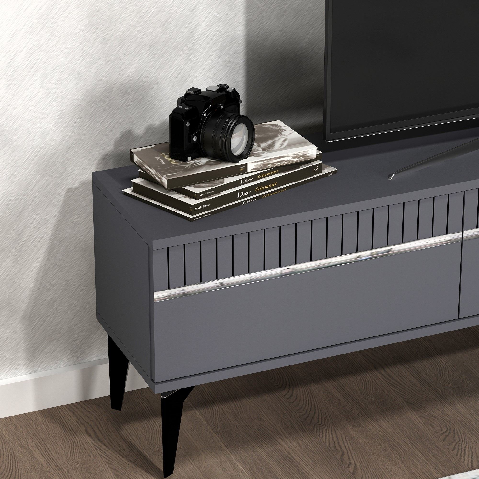Móvel de TV – 180 cm x 44,6 cm x 29,6 cm – Antracite e Prata – Painel de Partículas