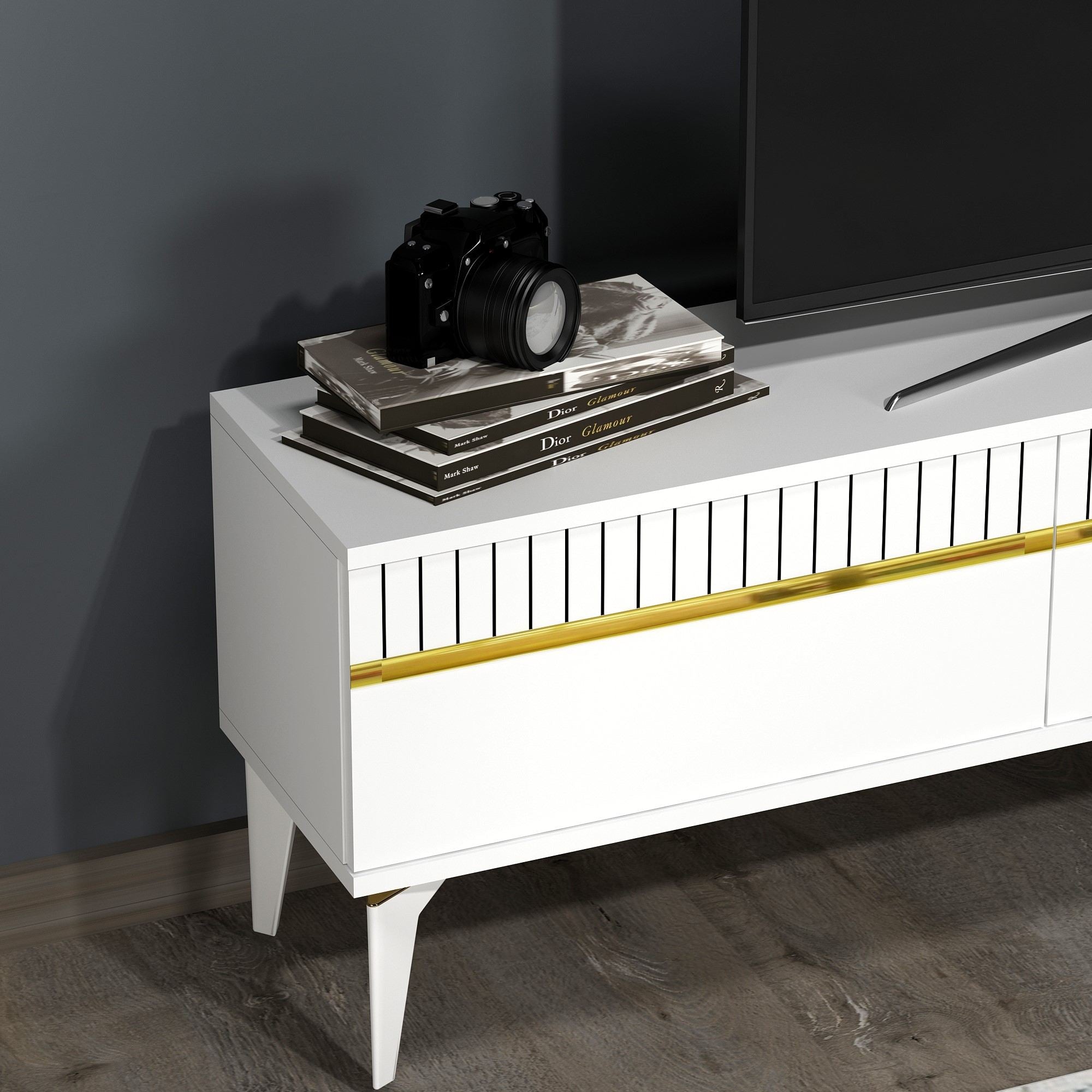 Móvel de TV – 180 cm x 44.6 cm x 29.6 cm – Branco e Dourado – Painéis de Partículas