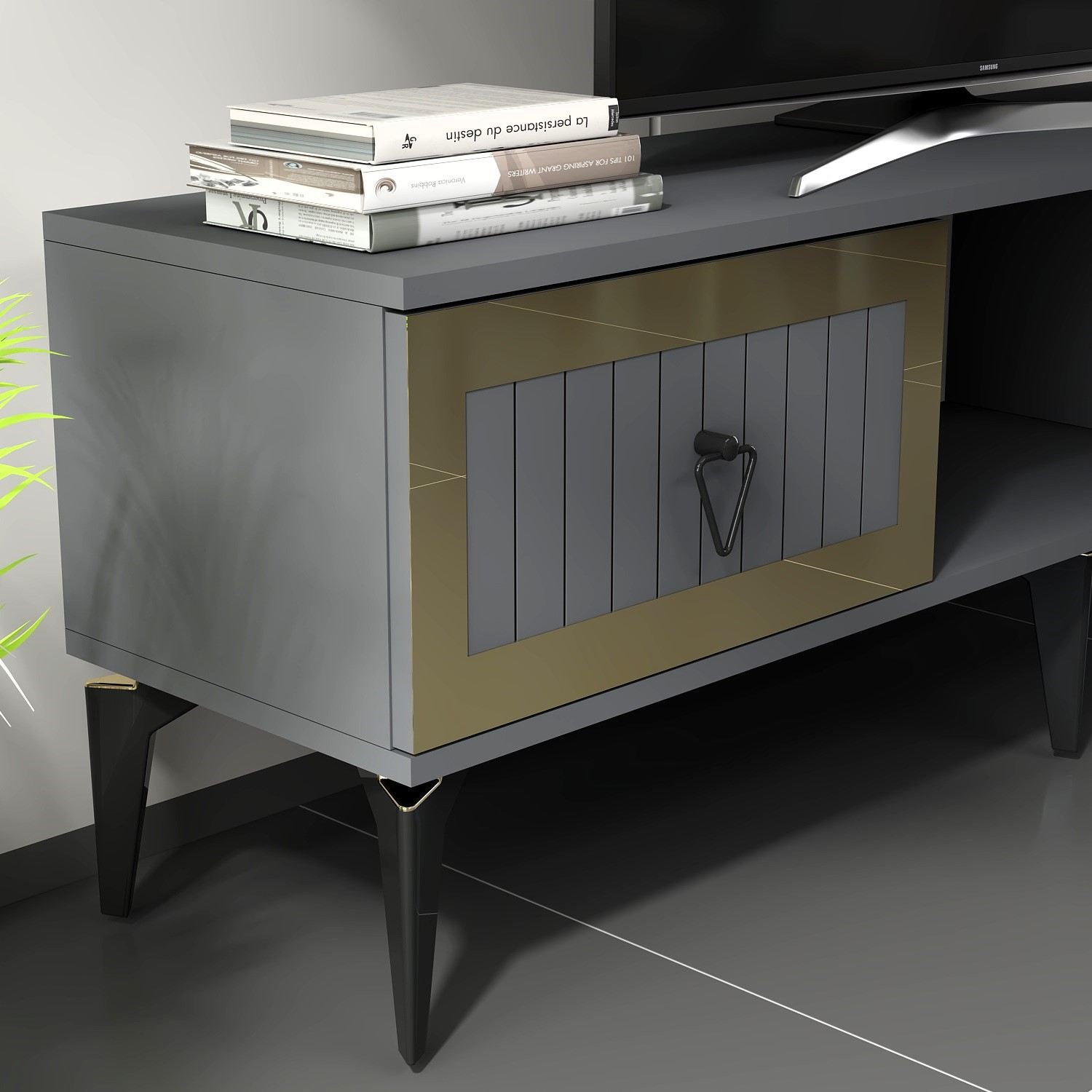 Móvel de TV – 150 cm x 44,6 cm x 29,6 cm – Antracite e Dourado – Painéis de partículas com revestimento a melamina