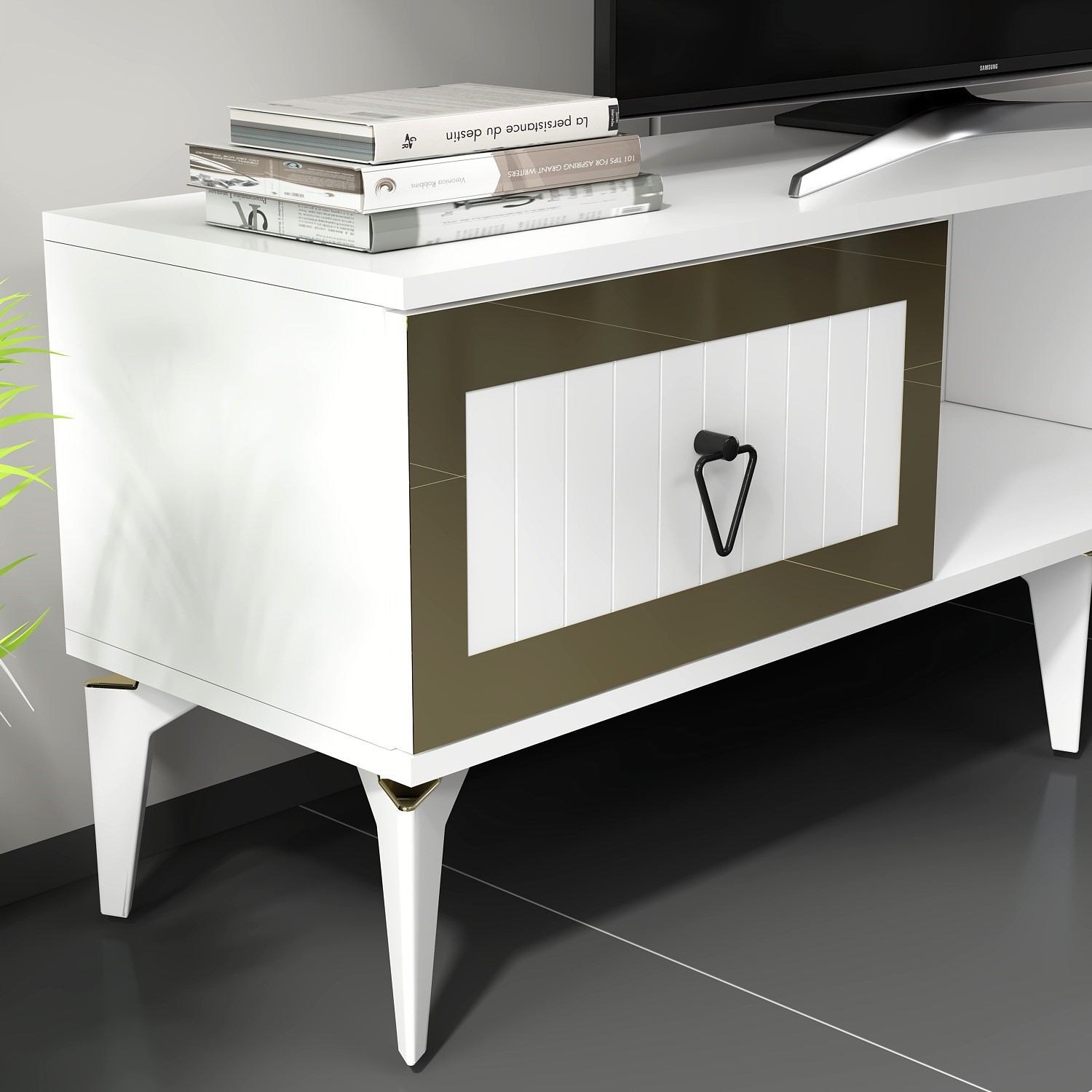 Móvel de TV – 150 cm x 44.6 cm x 29.6 cm – Branco e Dourado – Painéis de partículas revestidos a melamina