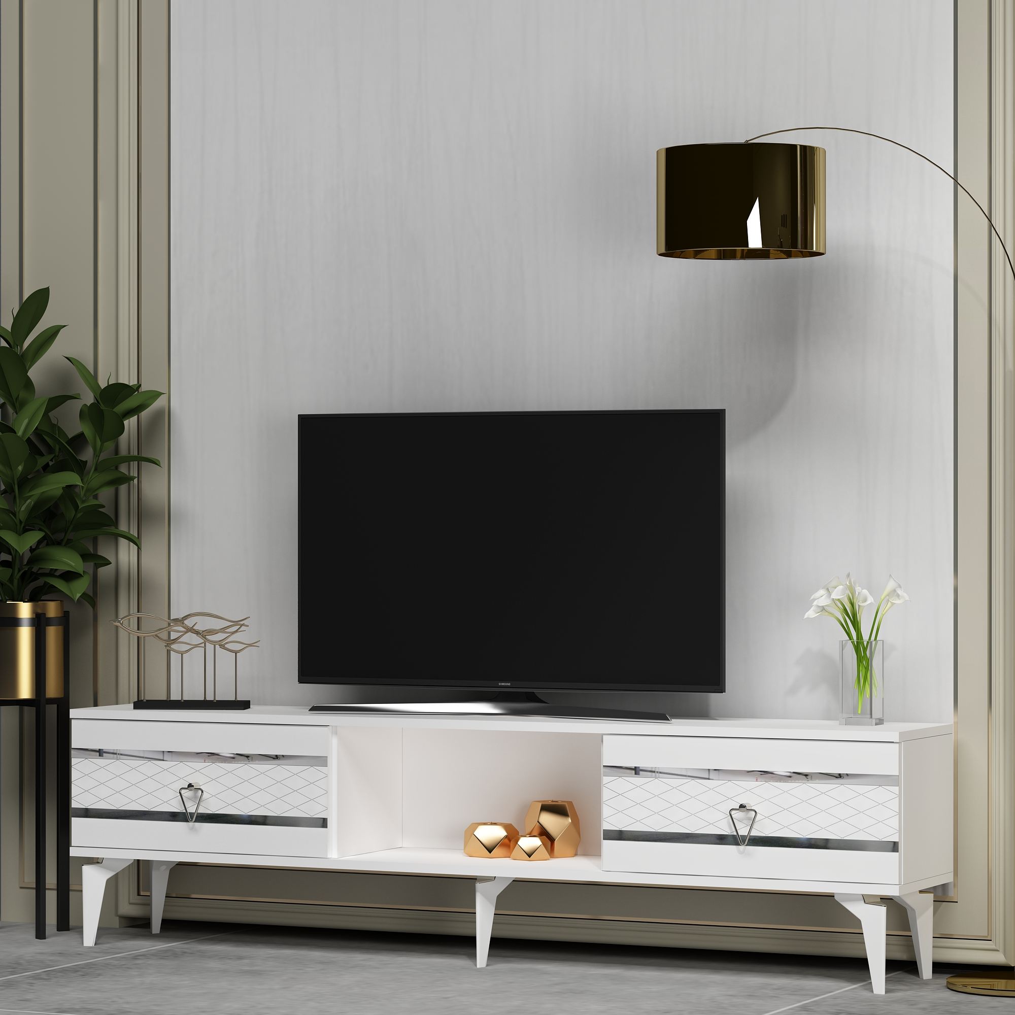 Móvel de TV – 150 cm x 44,6 cm x 29,6 cm – Branco e Prata – painel de partículas revestido a melamina