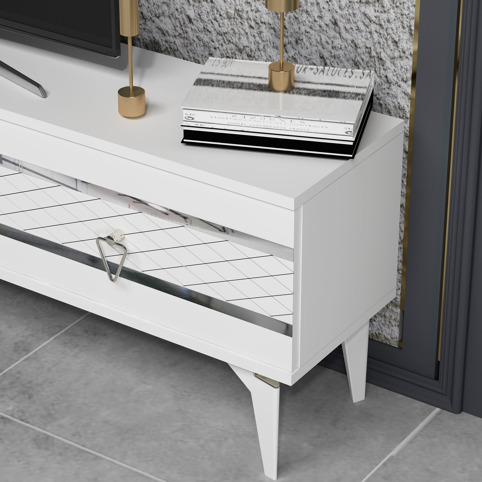 Móvel de TV – 150 cm x 44,6 cm x 29,6 cm – Branco e Prata – painel de partículas revestido a melamina