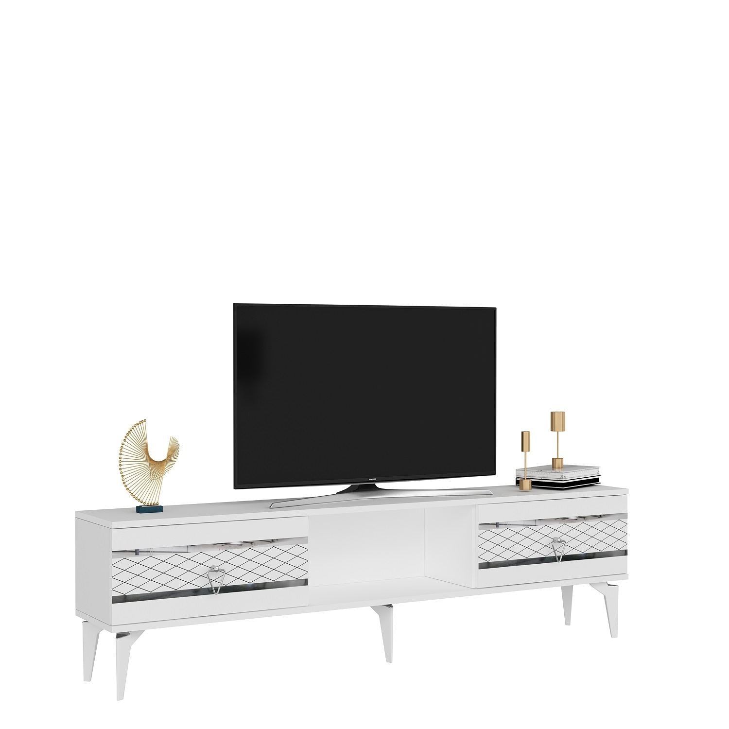 Móvel de TV – 150 cm x 44,6 cm x 29,6 cm – Branco e Prata – painel de partículas revestido a melamina