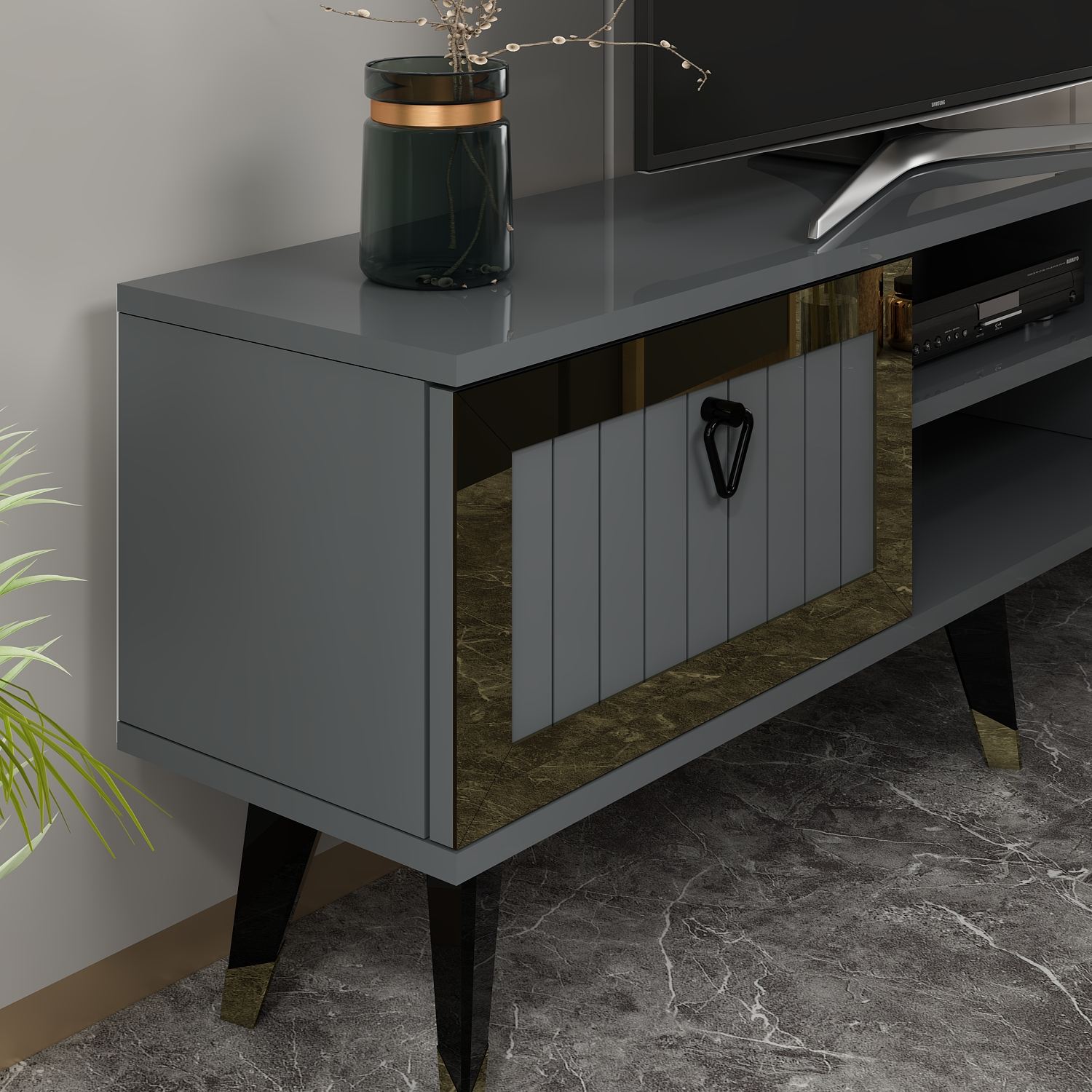 Móvel de TV – 150 cm x 45.6 cm x 30 cm – Antracite e Dourado – Painel de partículas revestido a melamina