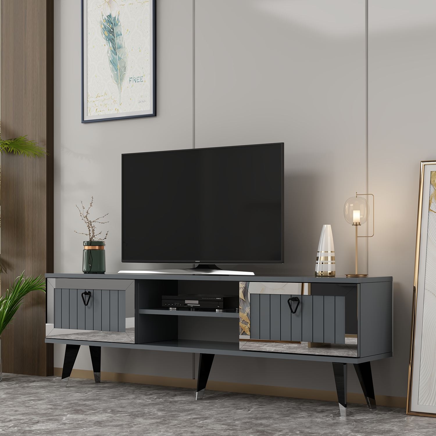Móvel de TV – 150 cm x 45,6 cm x 30 cm – Antracite e Prata – Painéis de partículas revestidos a melamina