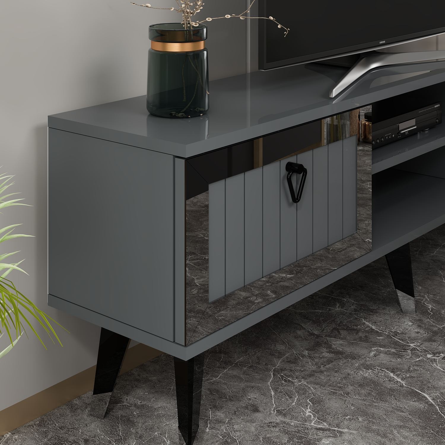 Móvel de TV – 150 cm x 45,6 cm x 30 cm – Antracite e Prata – Painéis de partículas revestidos a melamina