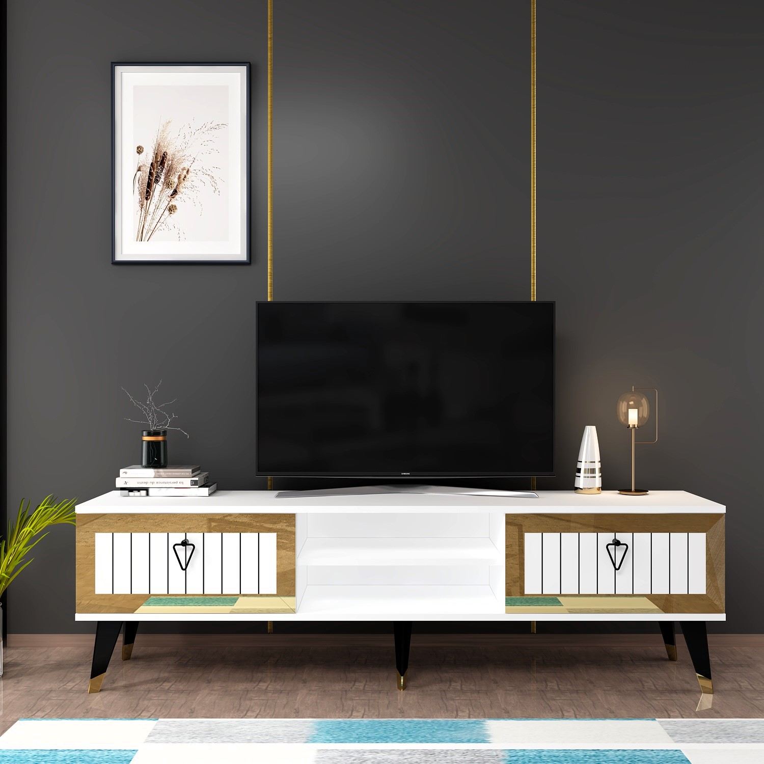 Móvel de TV – 150 cm x 45.6 cm x 30 cm – Branco e Dourado – Painel de partículas revestido a melamina